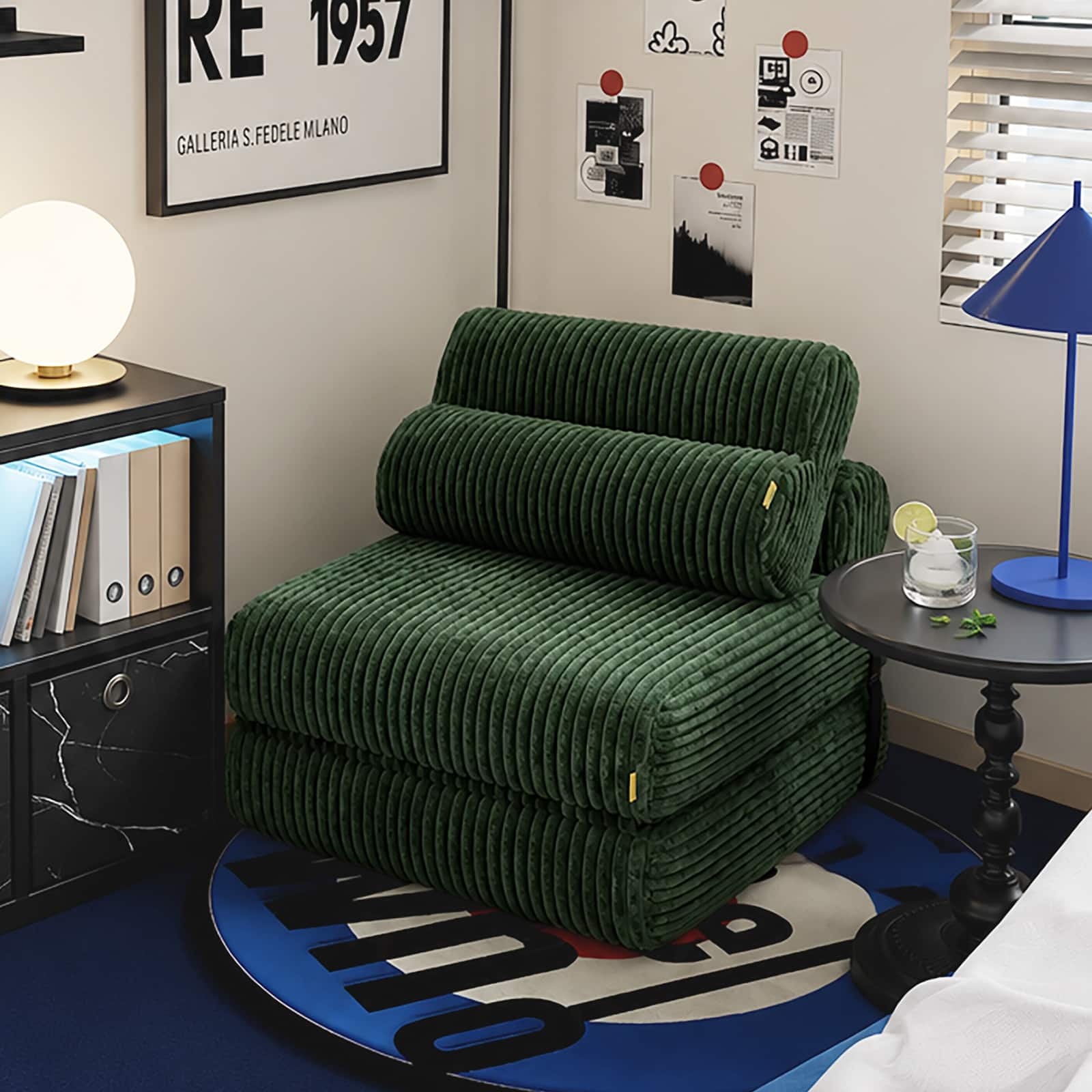 Pinmoco - Folding Single Sofa Bed, Corduroy Convertible Sleeper Sofa with Pillow, Accent Chair for Living Room & Bedroom - Green
