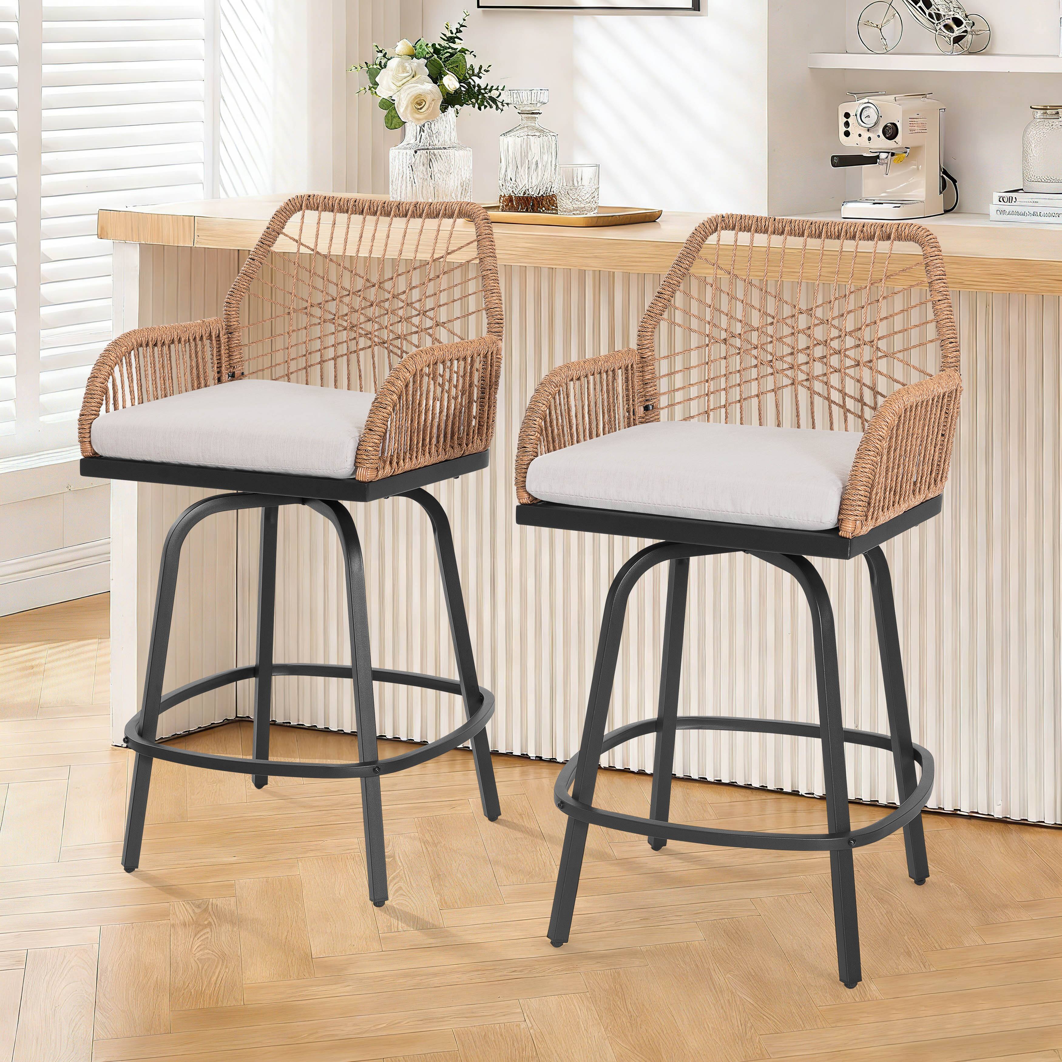Left. Nuu Garden - 2-Piece Twisted Rattan Patio Bar Stools Set with Cushions, Swivel Design - Beige.