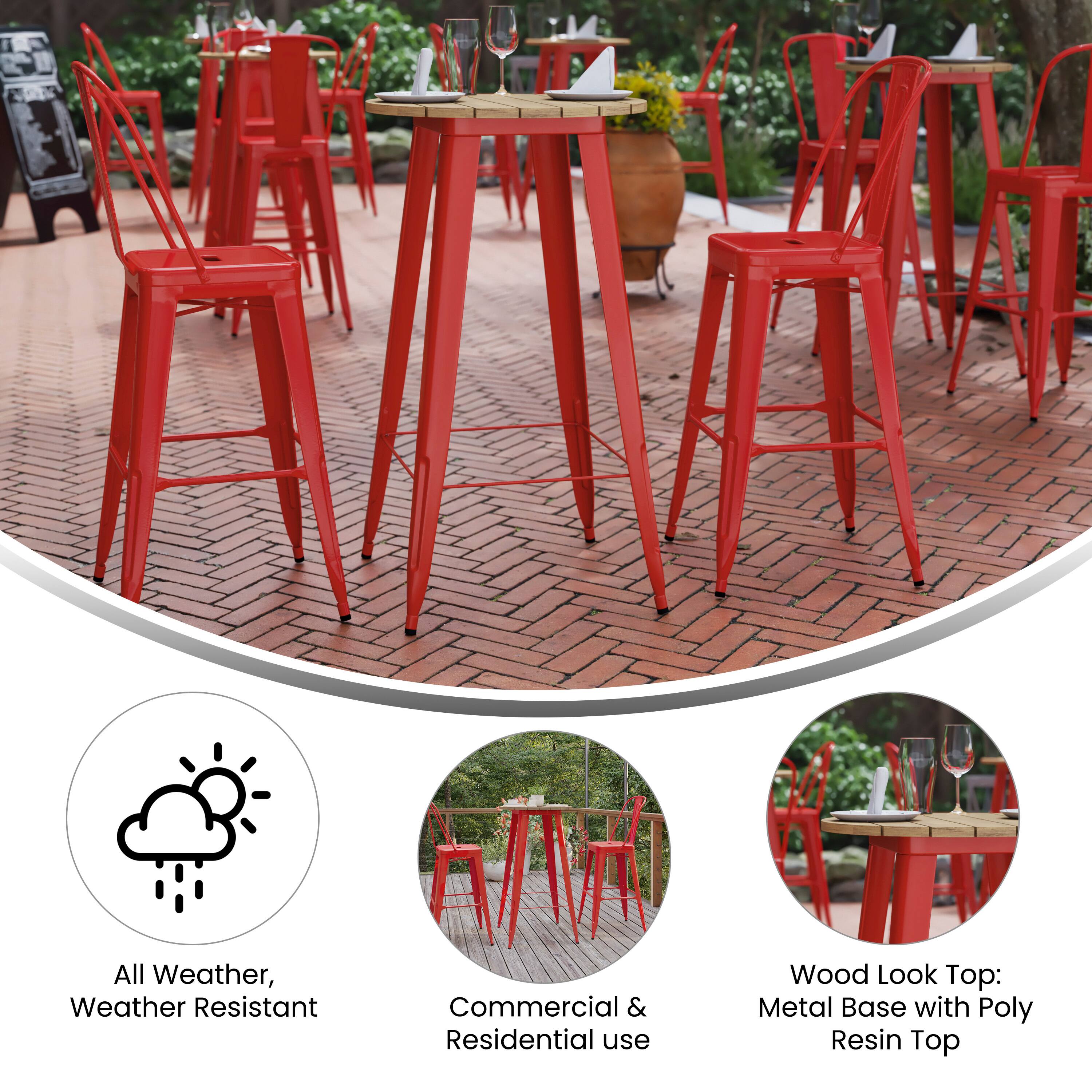 All Weather, Weather Resistant  
Commercial & Residential use  
Wood Look Top: Metal Base with Poly Resin Top