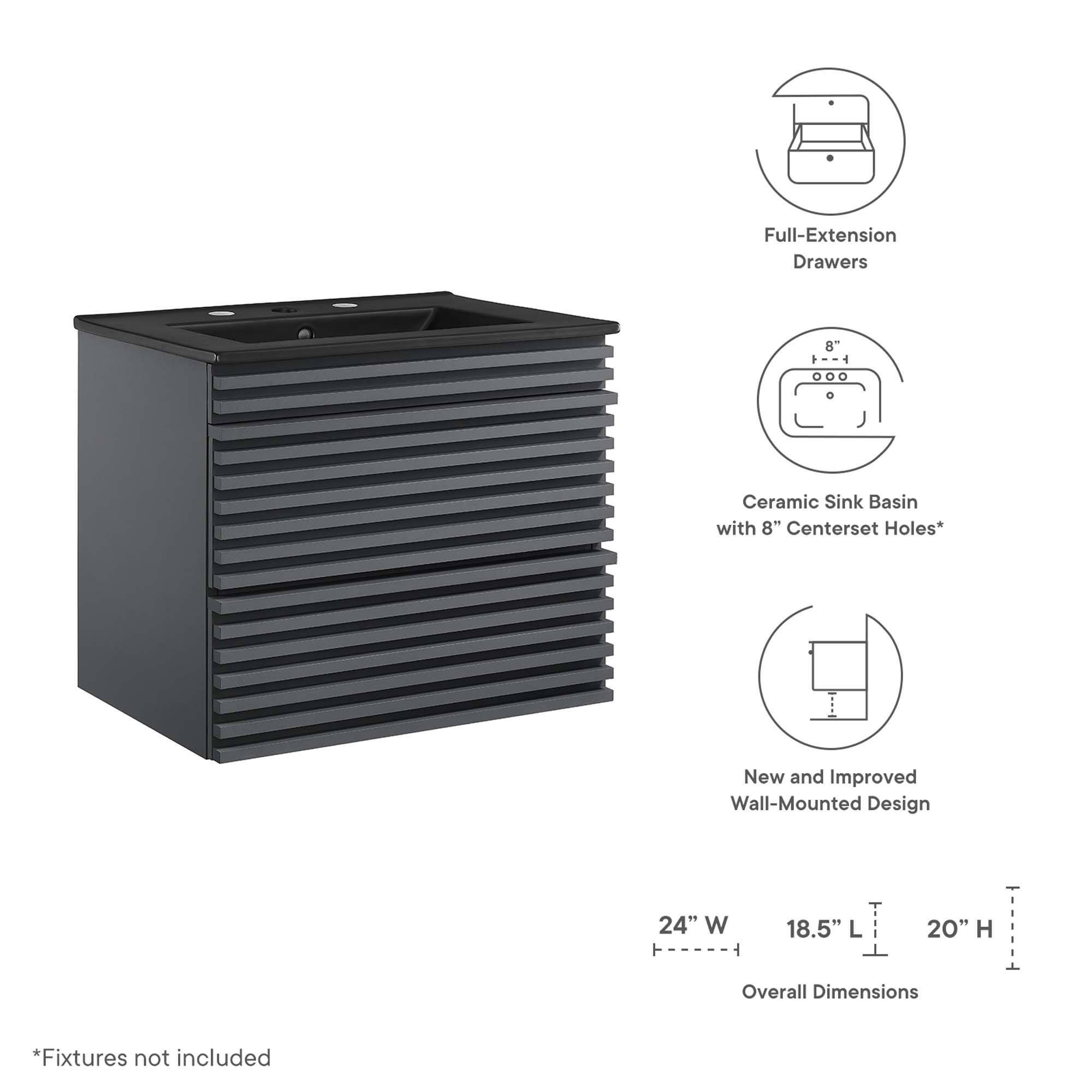 Full-Extension Drawers  
Ceramic Sink Basin with 8" Centerset Holes*  
New and Improved Wall-Mounted Design  

Overall Dimensions:  
24" W x 18.5" L x 20" H  

*Fixtures not included