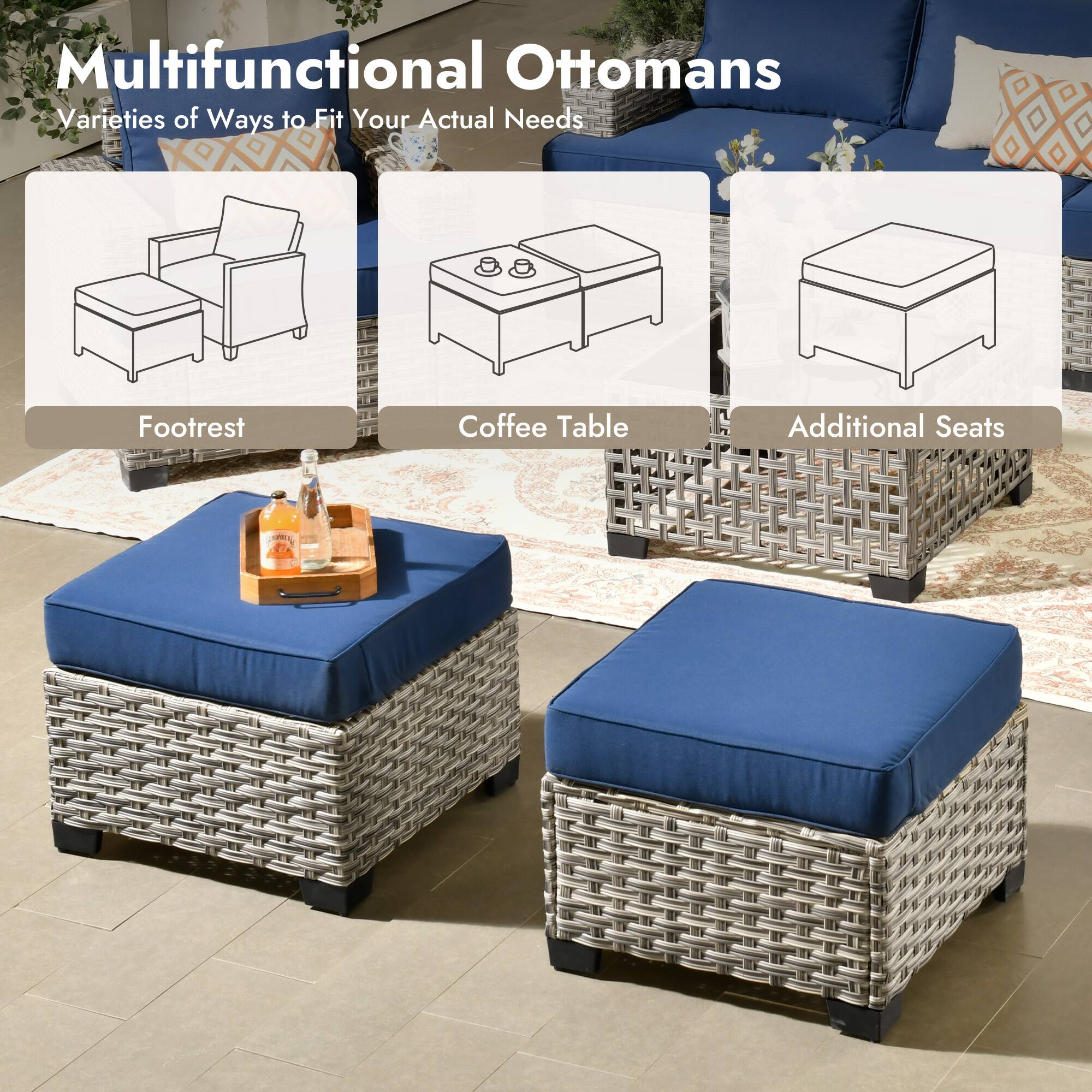 Multifunctional Ottomans  
Varieties of Ways to Fit Your Actual Needs:  
- Footrest  
- Coffee Table  
- Additional Seats