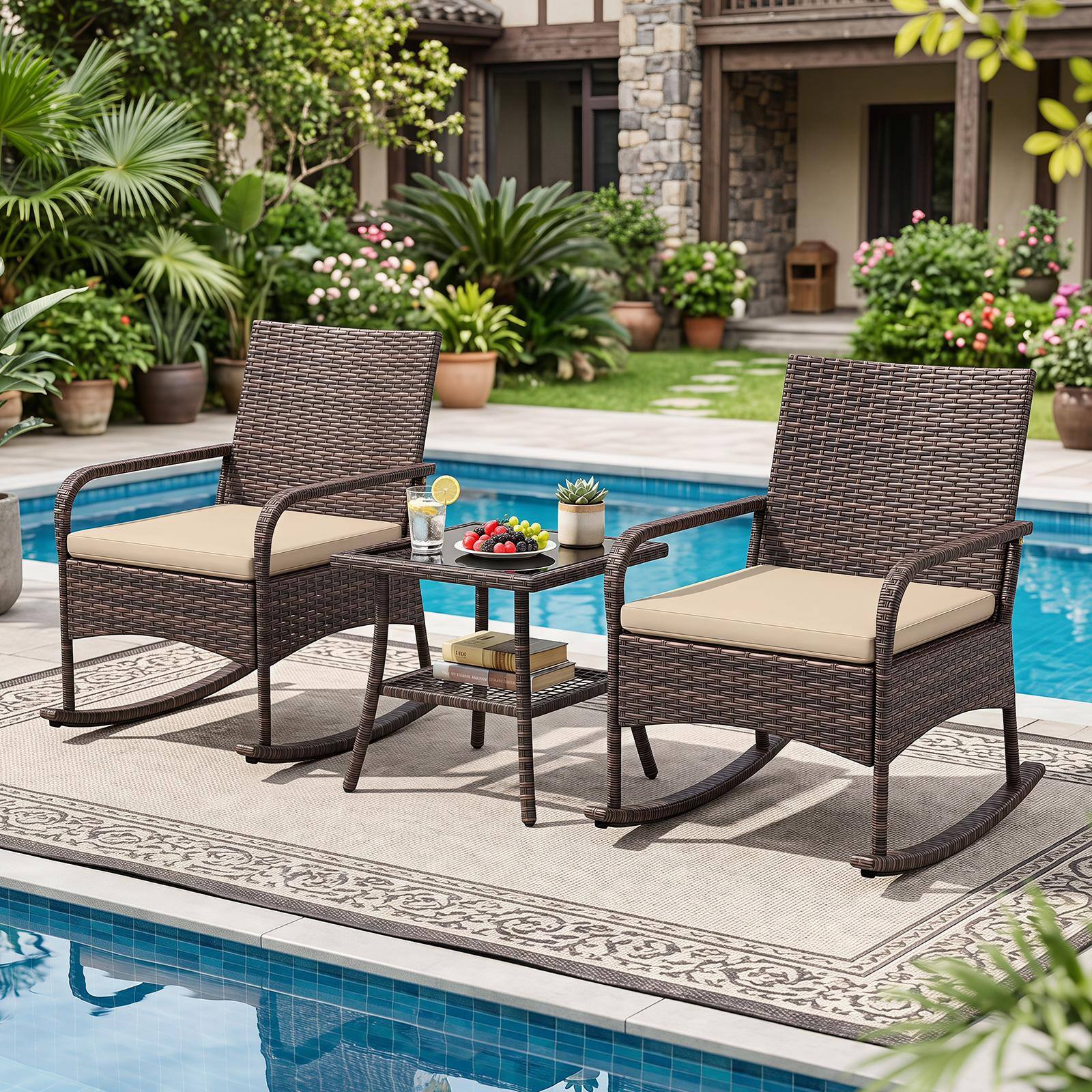 Alt View 4. Costway - Costway 3PCS PE Wicker Rocking Bistro Set with 2-Tier Side Table, Cushions & Armchairs - Mix Brown+Beige.