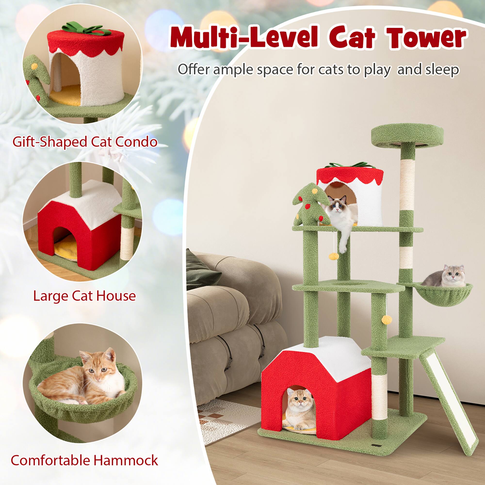 Multi-Level Cat Tower  
Offer ample space for cats to play and sleep  

Gift-Shaped Cat Condo  

Large Cat House  

Comfortable Hammock