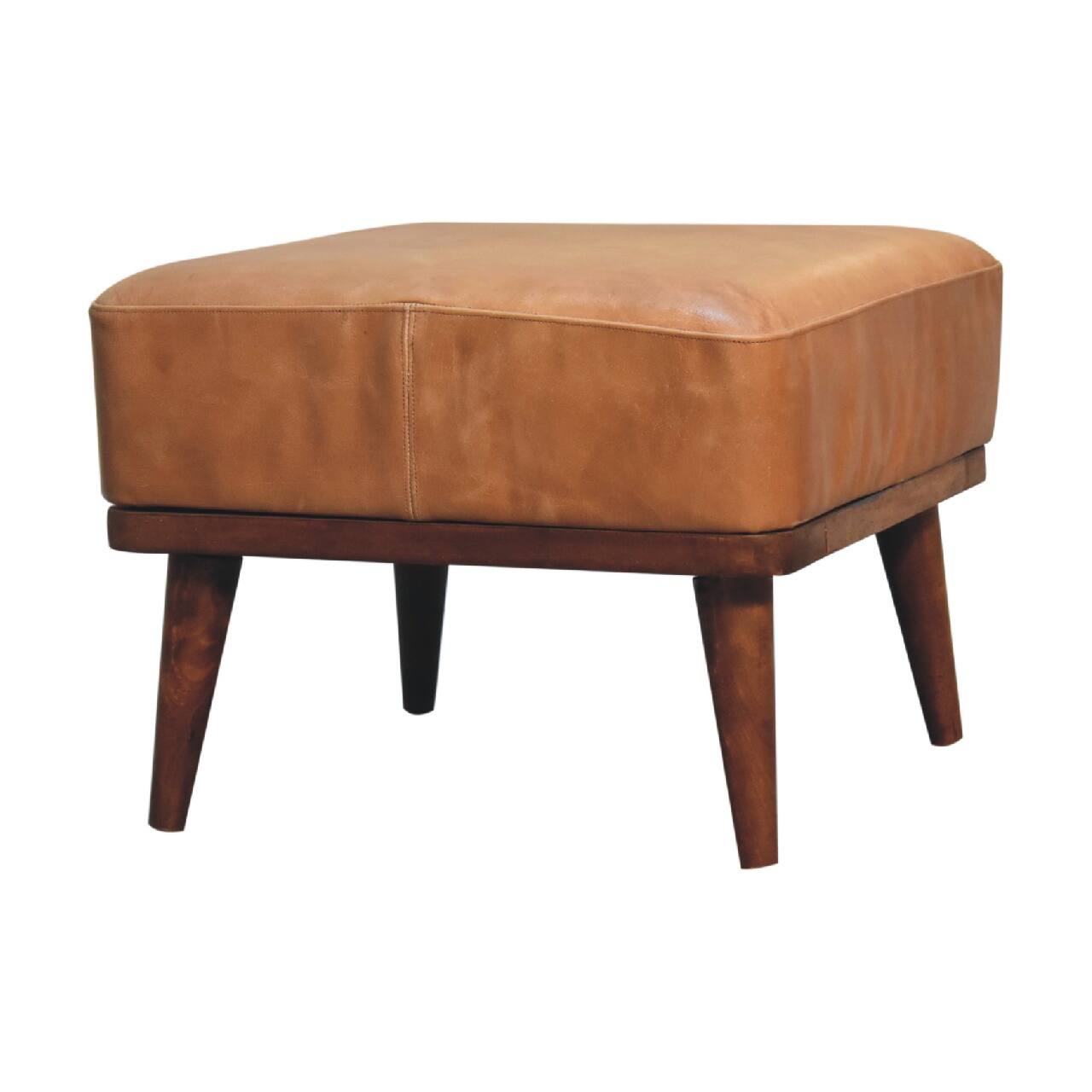 Back. Artisan Furniture - Artisan Furniture Solid Wood Tan Buffalo Leather Upholstered Footstool, Tan  and Brown - Brown.