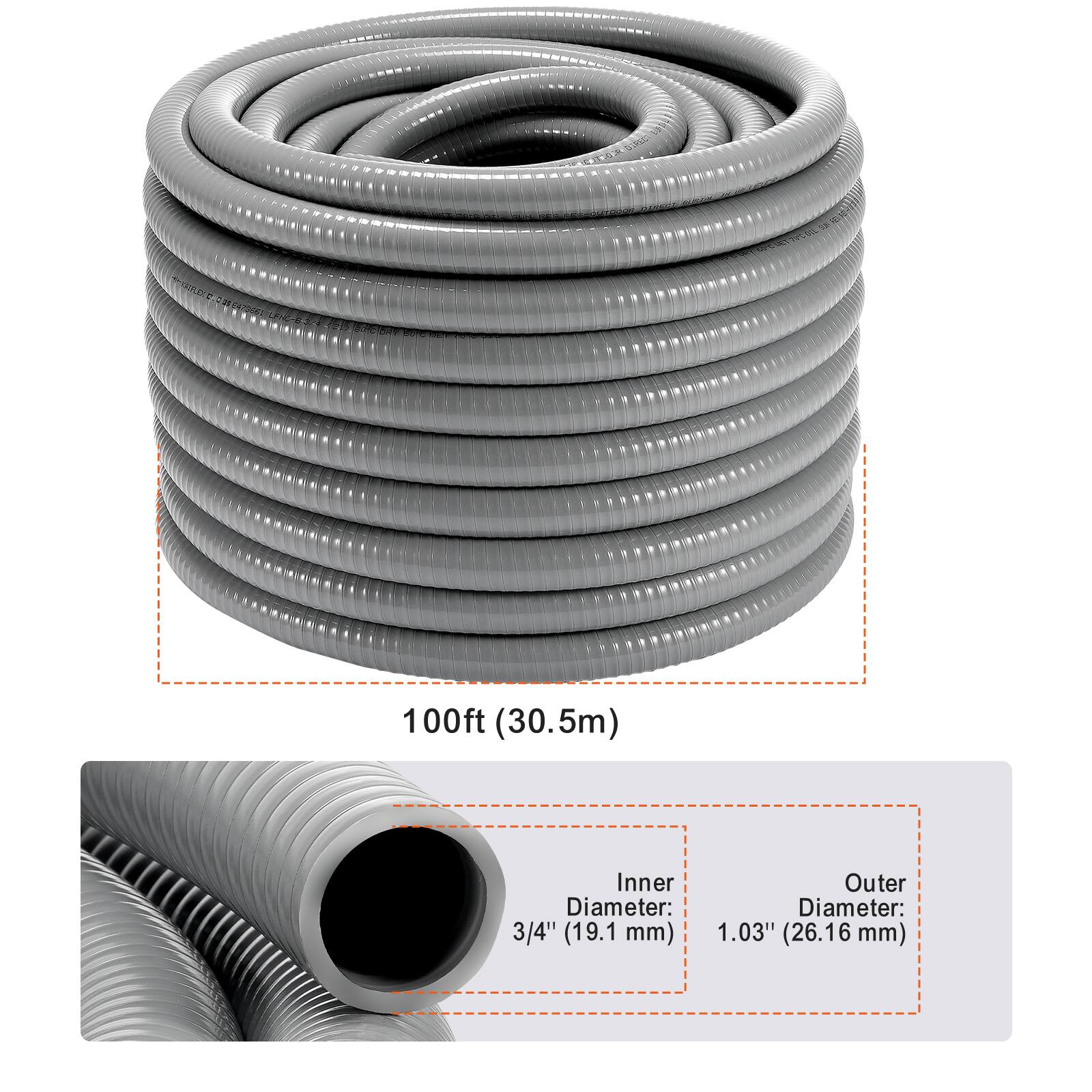 100ft (30.5m)

Inner Diameter: 3/4" (19.1 mm)

Outer Diameter: 1.03" (26.16 mm)