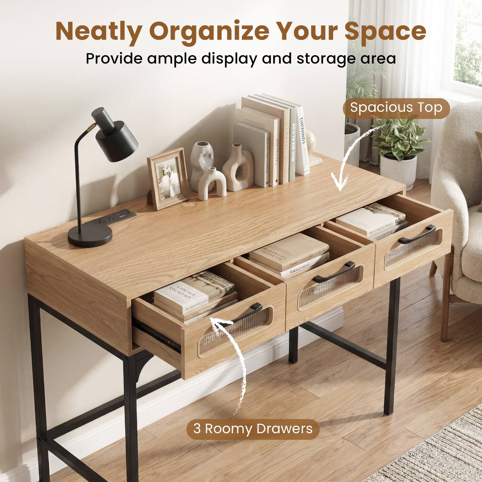 Neatly Organize Your Space  
Provide ample display and storage area  

1. Spacious Top  
2. 3 Roomy Drawers