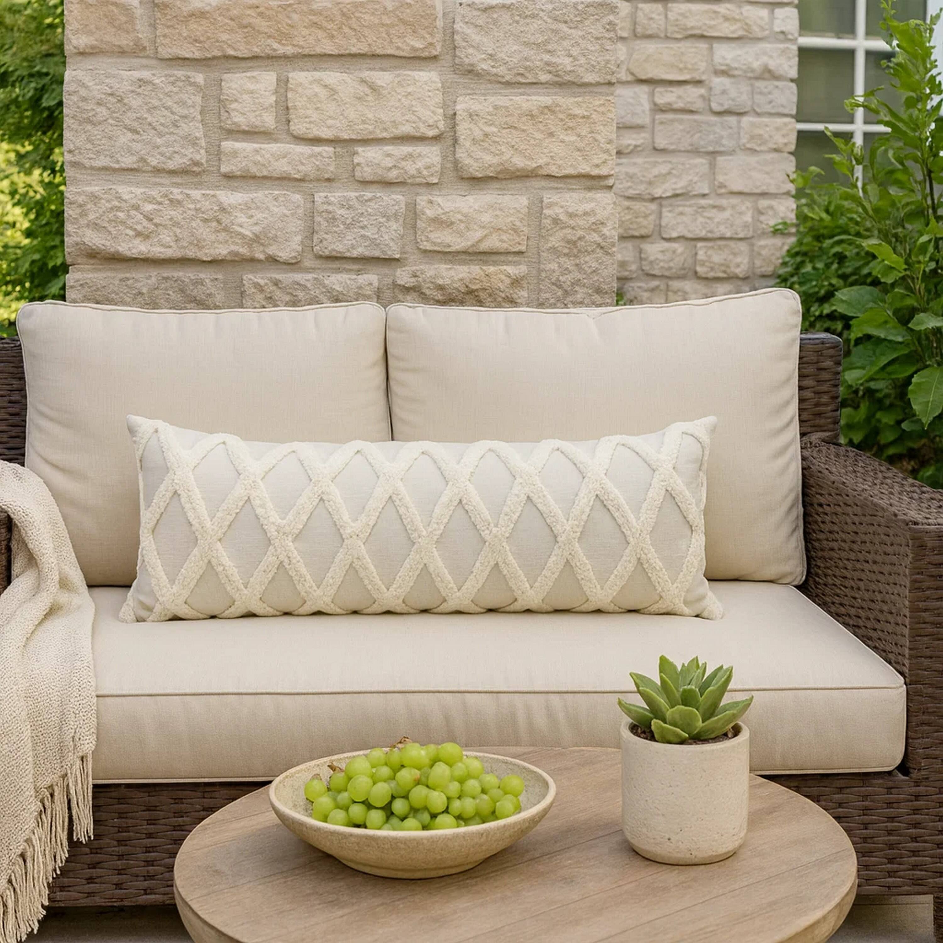 Alt View 3. Manhattan Lane - 16 x 36 Lumbar Linen Accent Throw Pillow, Tufted Diamonds - Ivory.