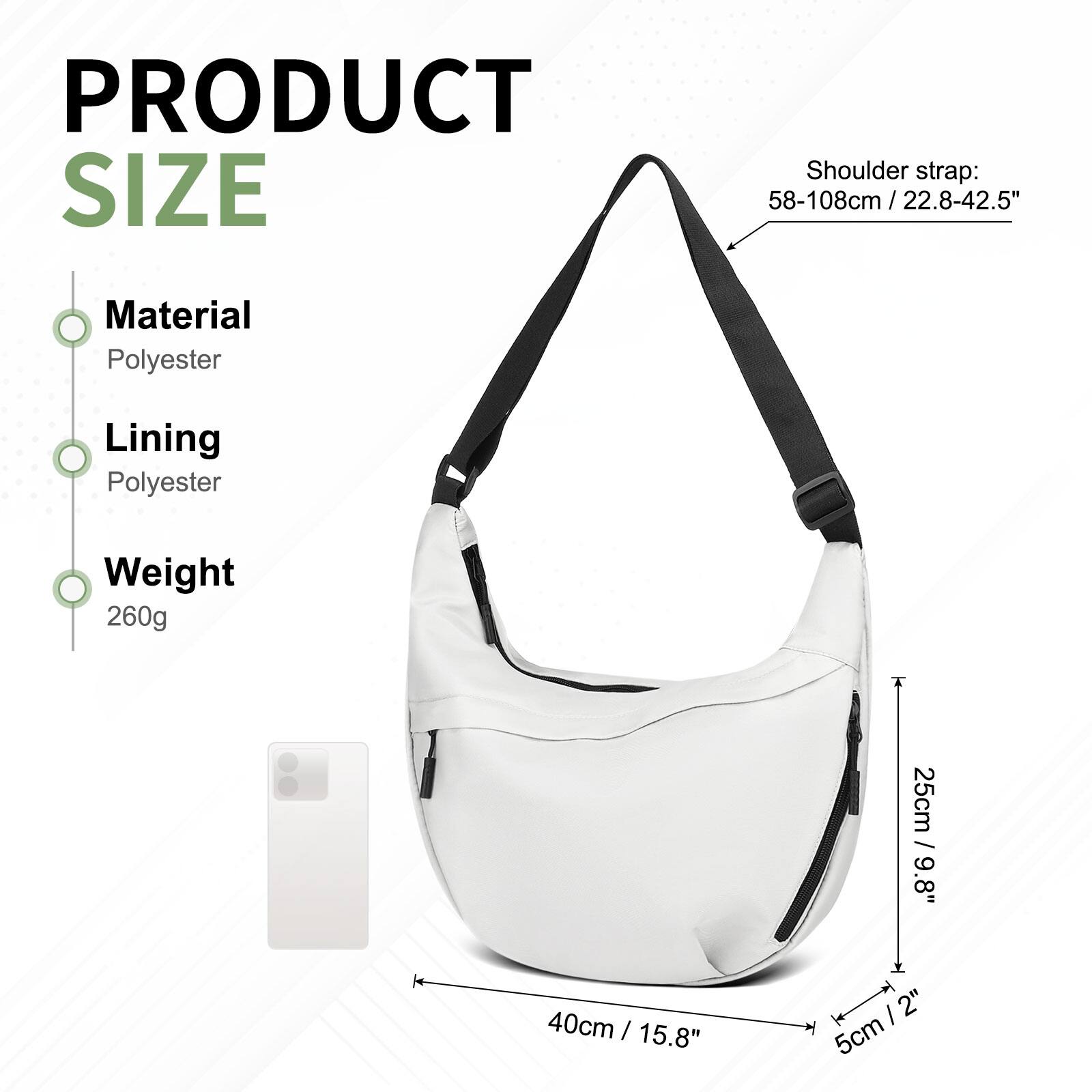 PRODUCT SIZE

Shoulder strap: 58-108cm / 22.8-42.5"

Material: Polyester

Lining: Polyester

Weight: 260g

Dimensions:
- 25cm / 9.8"
- 40cm / 15.8"
- 5cm / 2"