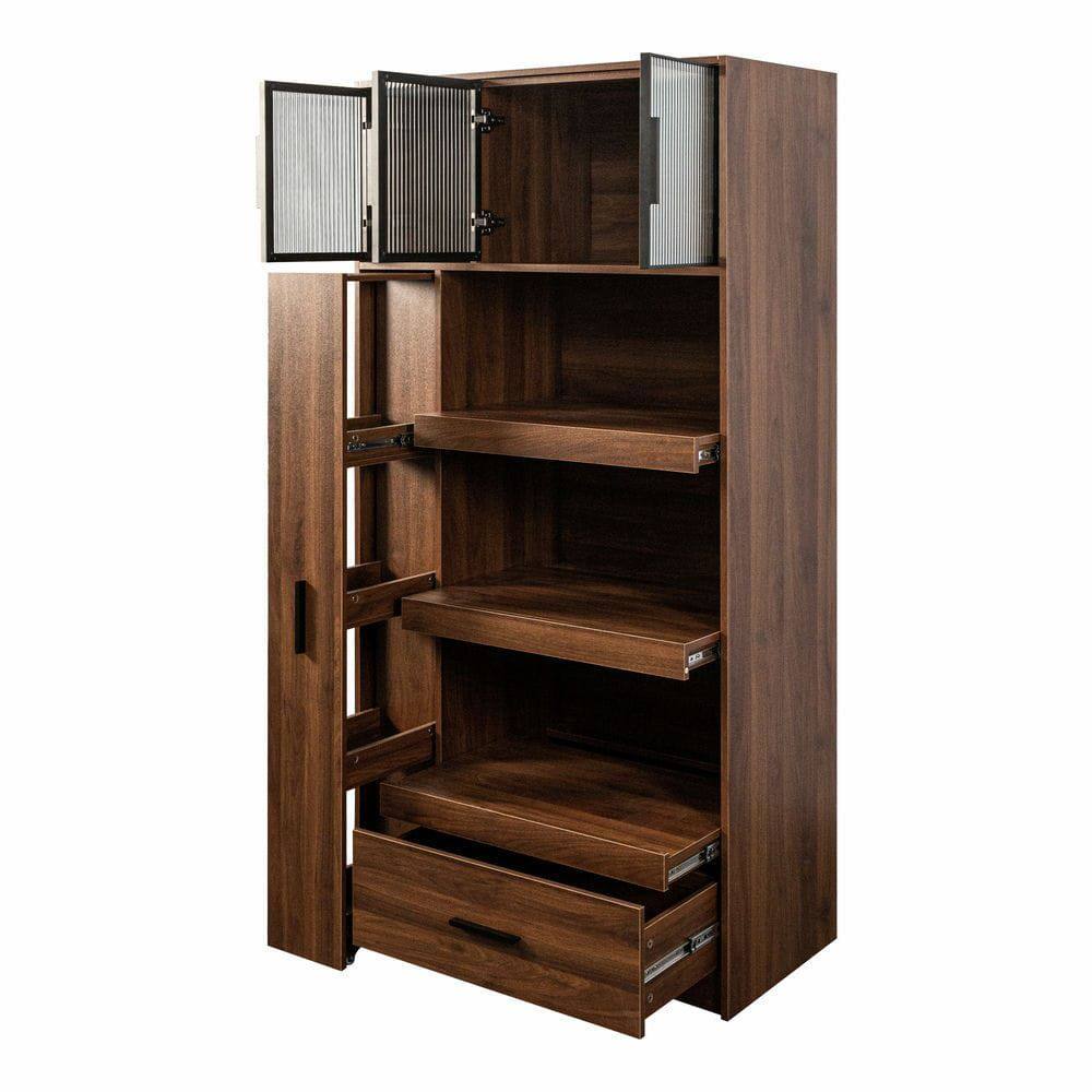 Alt View 1. Kadyn - 71-Inch Kitchen Pantry Cabinet with Aluminum Frame Glass Door - Walnut - Brown.