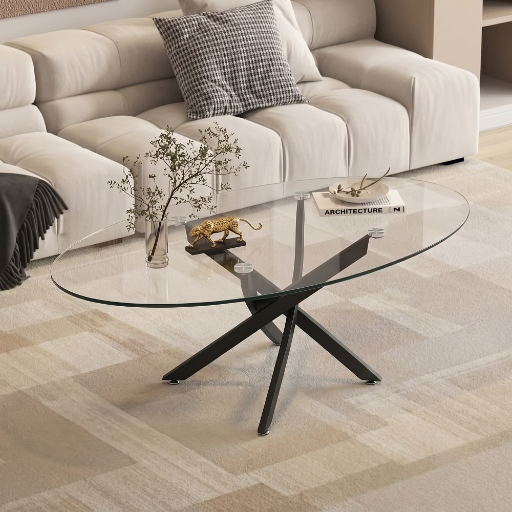 "Loheer - 39.37"" Oval Glass Coffee Table Modern Tea Table with Metal Legs - Black" price history on PriceWatchPro