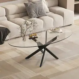 Loheer - 39.37" Oval Glass Coffee Table Modern Tea Table with Metal Legs - Black