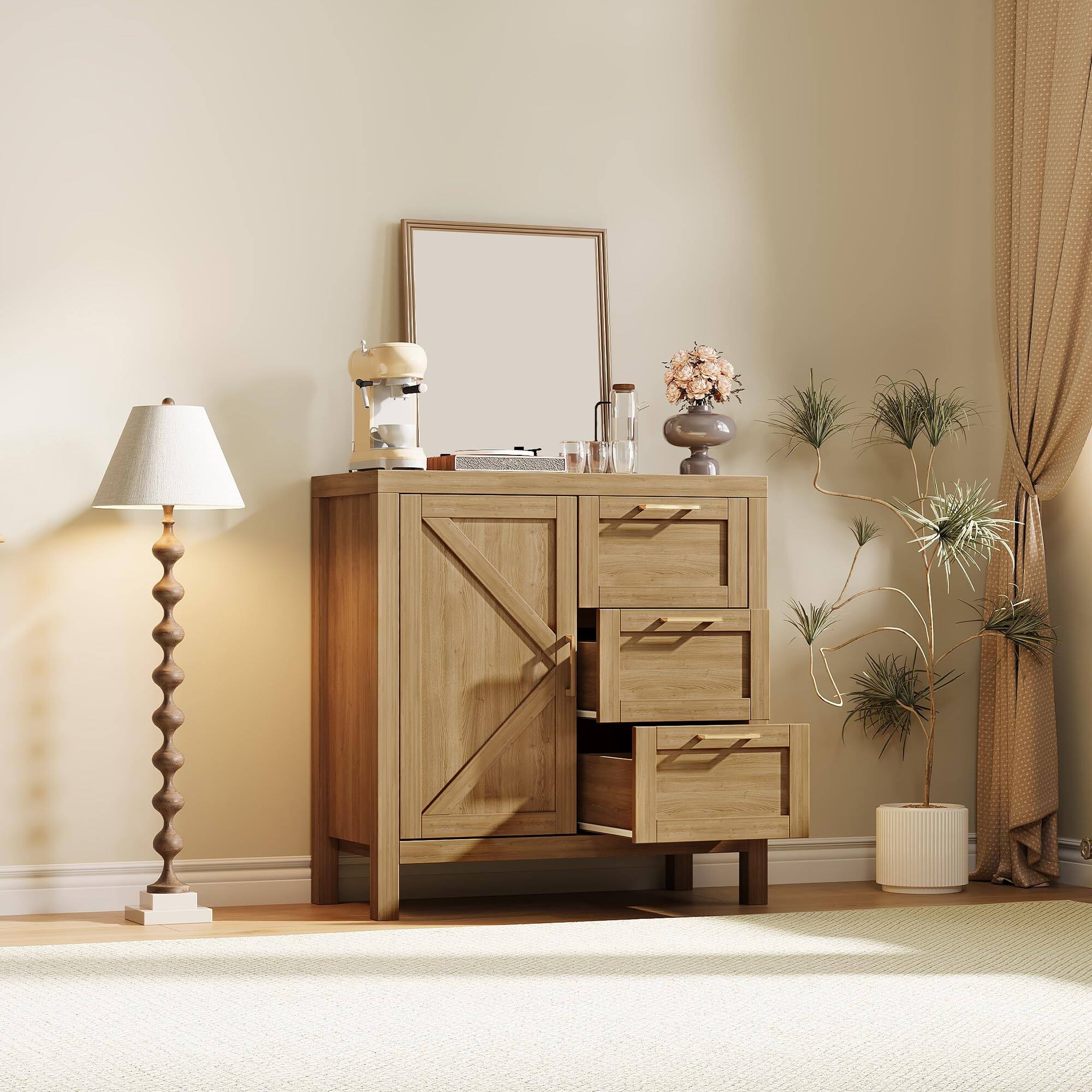 Alt View 2. GARVEE - Multipurpose Buffet Cabinet with 3 Drawers & Adjustable Shelf Wooden Storage for Dining Room or Coffee Bar - Brown.