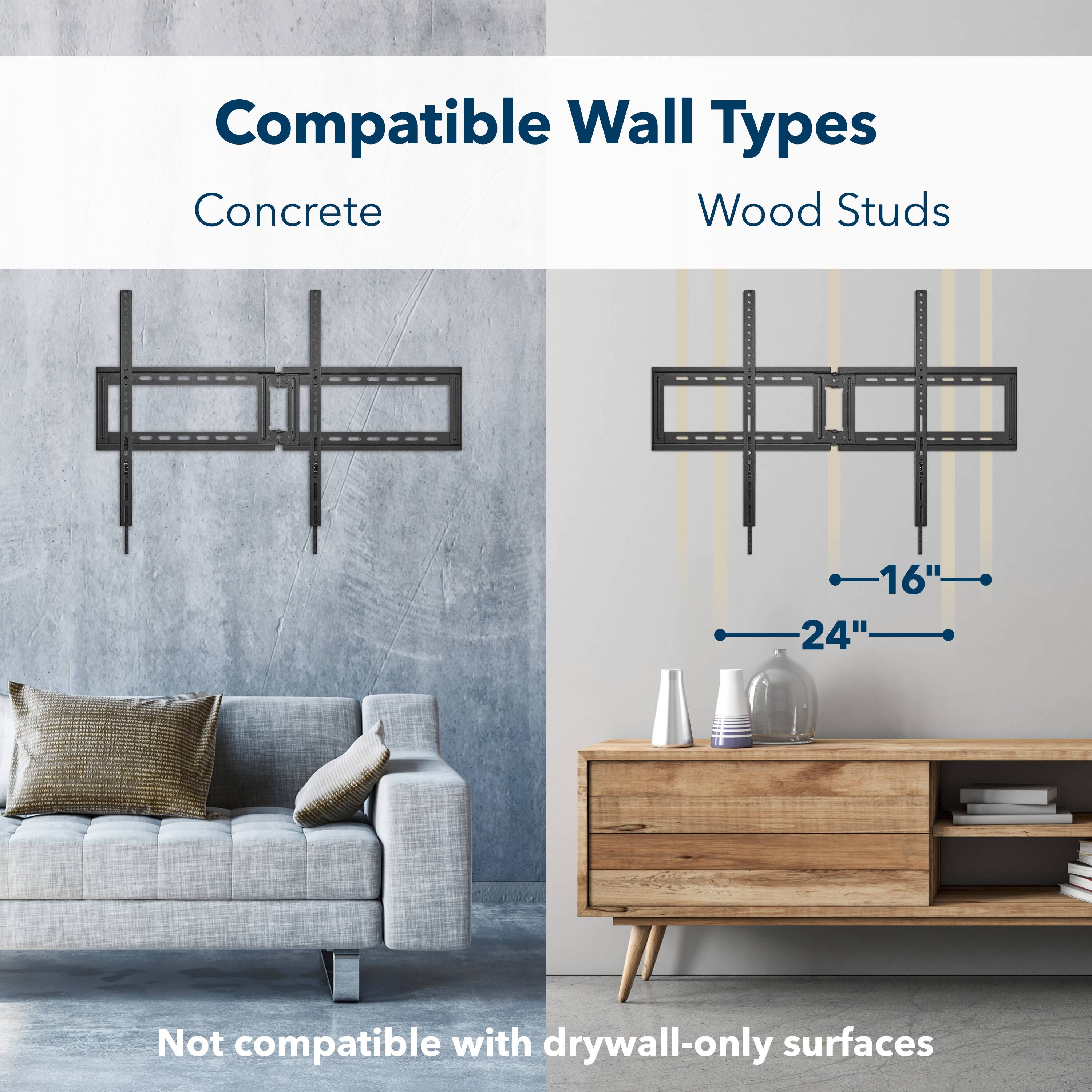 Compatible Wall Types: Concrete, Wood Studs (16", 24"). Not compatible with drywall-only surfaces.