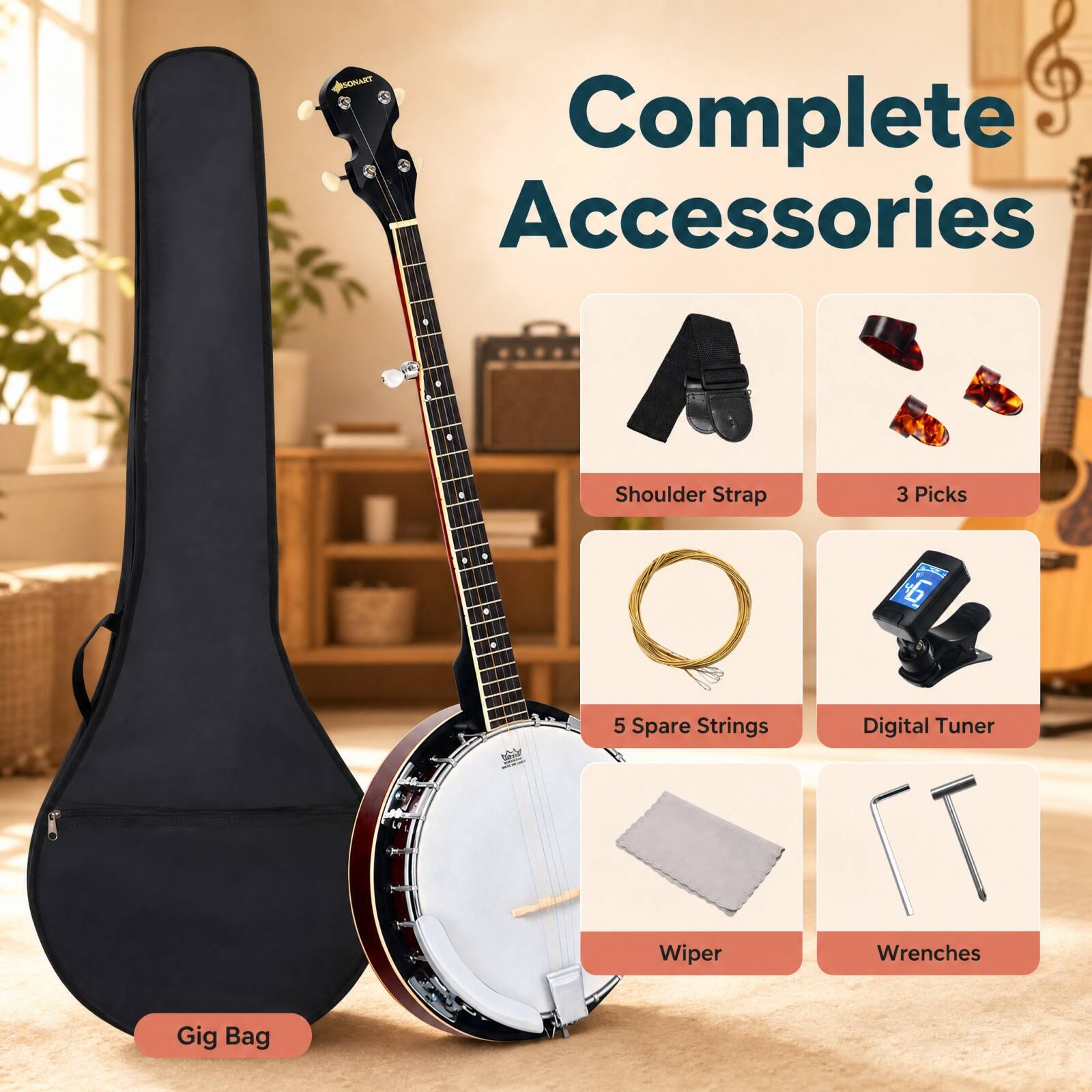 SONART Complete Accessories

- Shoulder Strap
- 3 Picks
- 5 Spare Strings
- Wiper
- Digital Tuner
- Wrenches
- Gig Bag