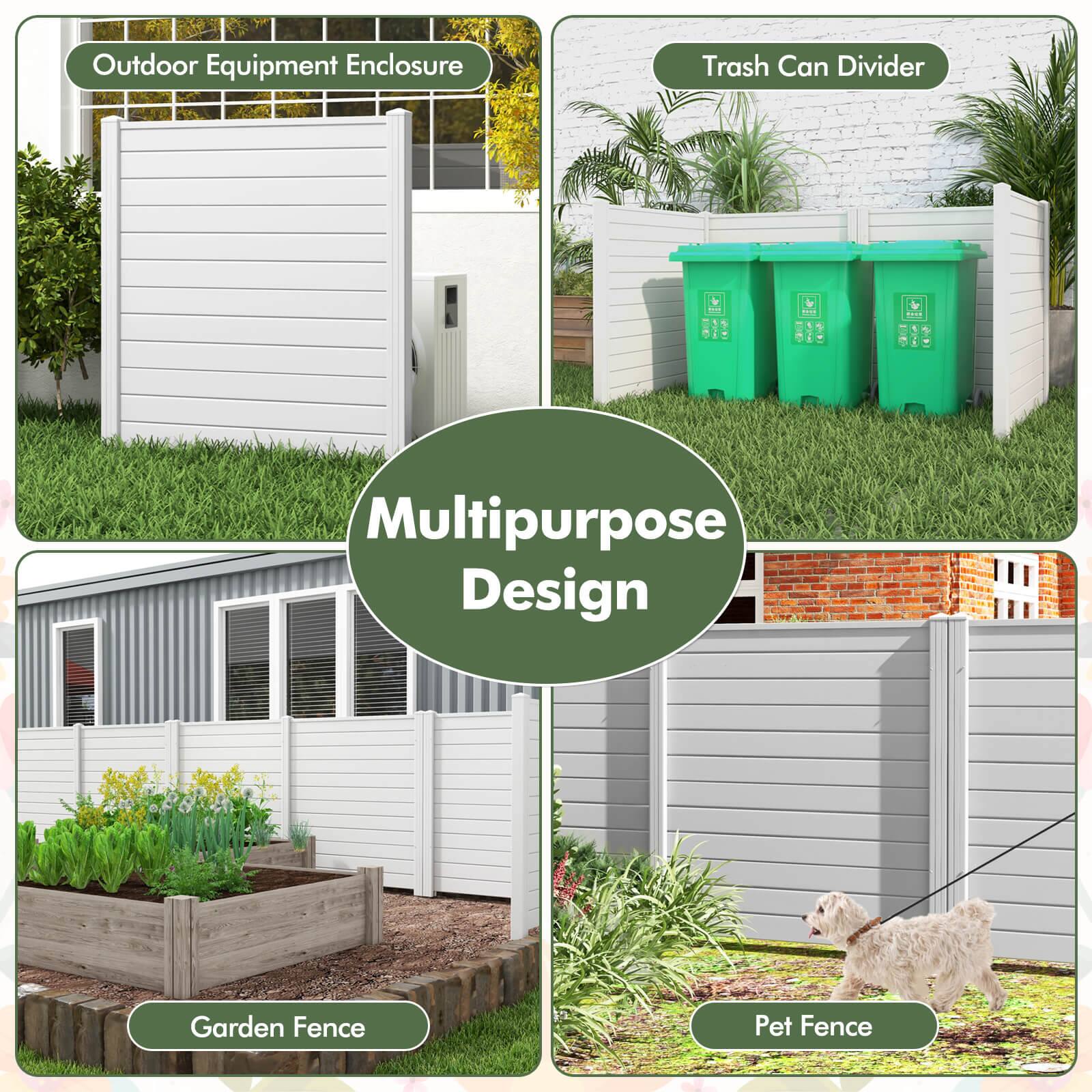 The text on the image is grouped as follows:

1. Outdoor Equipment Enclosure
2. Trash Can Divider
3. Multipurpose Design
4. Garden Fence
5. Pet Fence