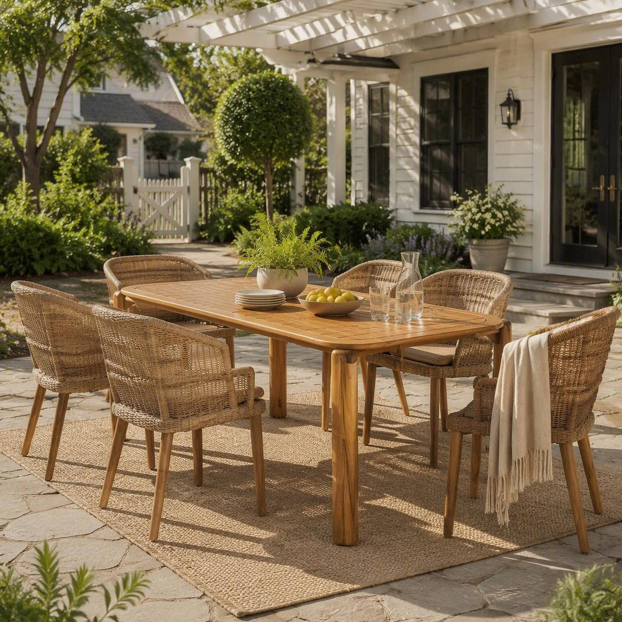 Back. RYHNUYNE - Acacia Wood Outdoor Dining Table, Teak Finish Slat Design Patio Table For Garden, Backyard And Deck Use - Teak.