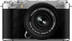 The text on the image reads: "X-M5 ASPHERICAL FUJINON LENS 52 SUPER PZ OIS BC O 1:3.5-5.6 15-45mm."