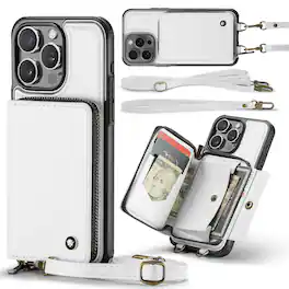 Dteck - Crossbody Zipper Wallet Case for Apple iPhone 16 Pro Max, RFID Blocking PU Leather Card Wrist Strap Lanyard Cover - White