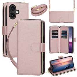 Dteck - Crossbody Wallet Case for Apple iPhone 16, Shockproof Zipper Pocket PU Leather Folio Cover with 9 Card Slots - Rosegold