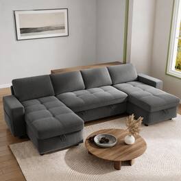 Dyonery - 105" U Shaped Couch Sleeper Sofa, Pull Out Couch with Reclining Backrest, Reversible Storage Chaise, USB Ports - Gray
