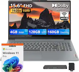 Lenovo - Upgraded - IdeaPad 3i 15.6" FHD Laptop,Intel N100,4GB DDR5,128GB SSD+160GB Docking Set,Intel UHD GPU,Wi-Fi 6,Win11 Pro - Gray