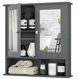 Hivvago - Grey Wood Bathroom Wall / Medicine Cabinet with Mirrored Doors and Shelf - Gray