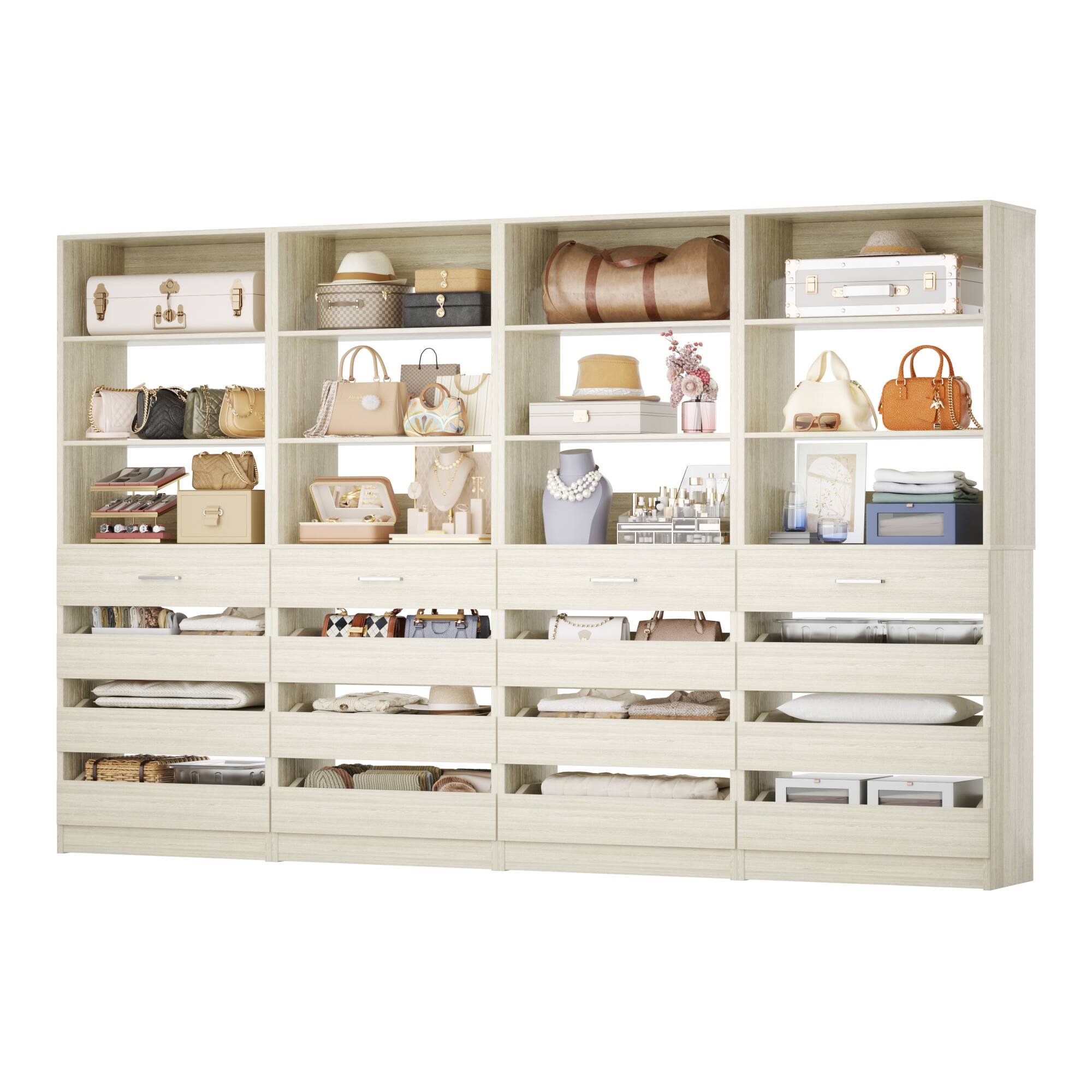 Alt View 1. Aheaplus - 4 Pack Wood Storage Organizer: 4 Drawers & 3 Shelves, Wall-Mountable for Kitchen,Living Room,Bedroom - White Oak.