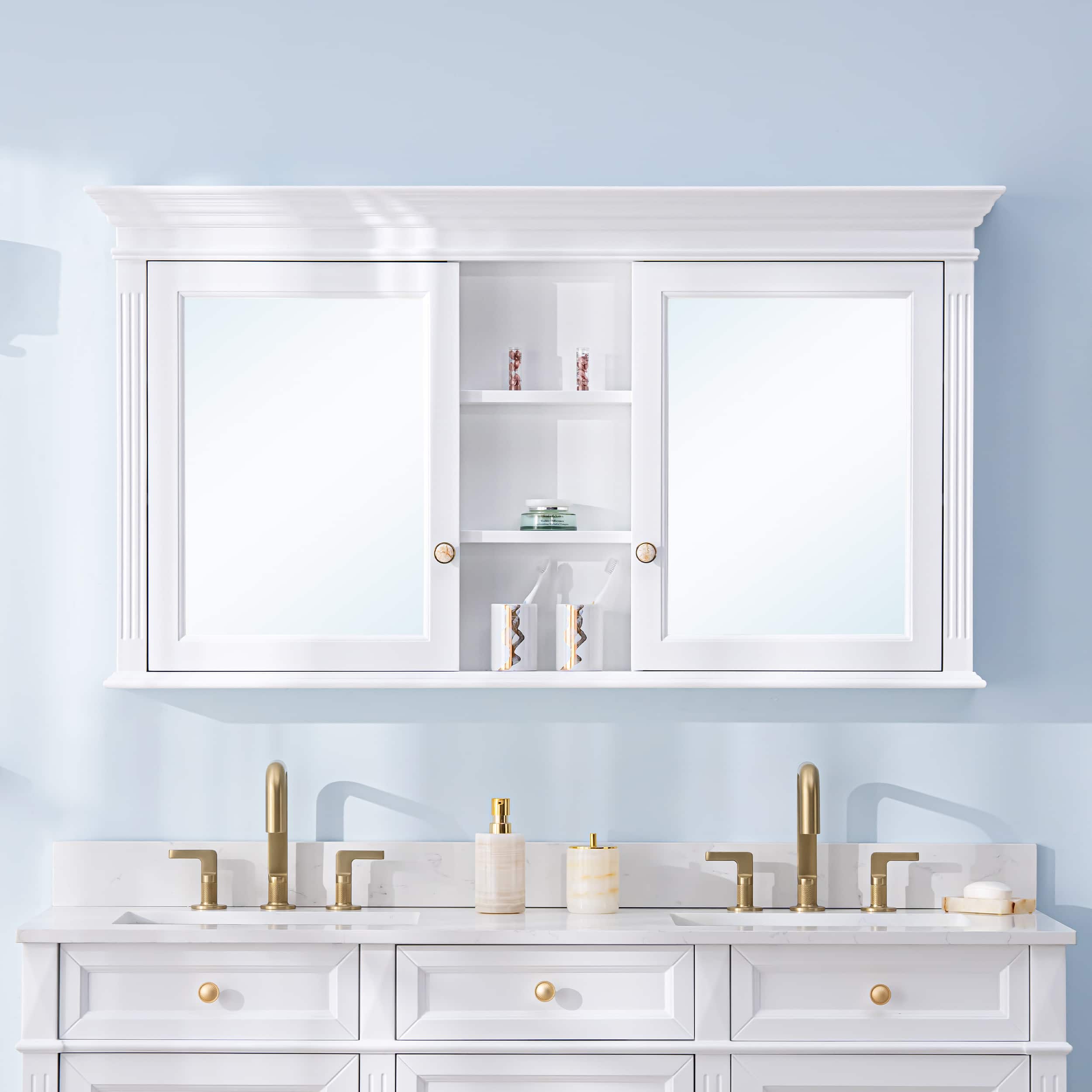 WELLFOR - 55 in. W x 30 in. H Rectangular Wood Surface Mount Medicine Cabinet with Mirror and Shelves, 2 Soft Close Doors - White price history on PriceWatchPro