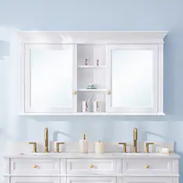 WELLFOR - 55 in. W x 30 in. H Rectangular Wood Surface Mount Medicine Cabinet with Mirror and Shelves, 2 Soft Close Doors - White