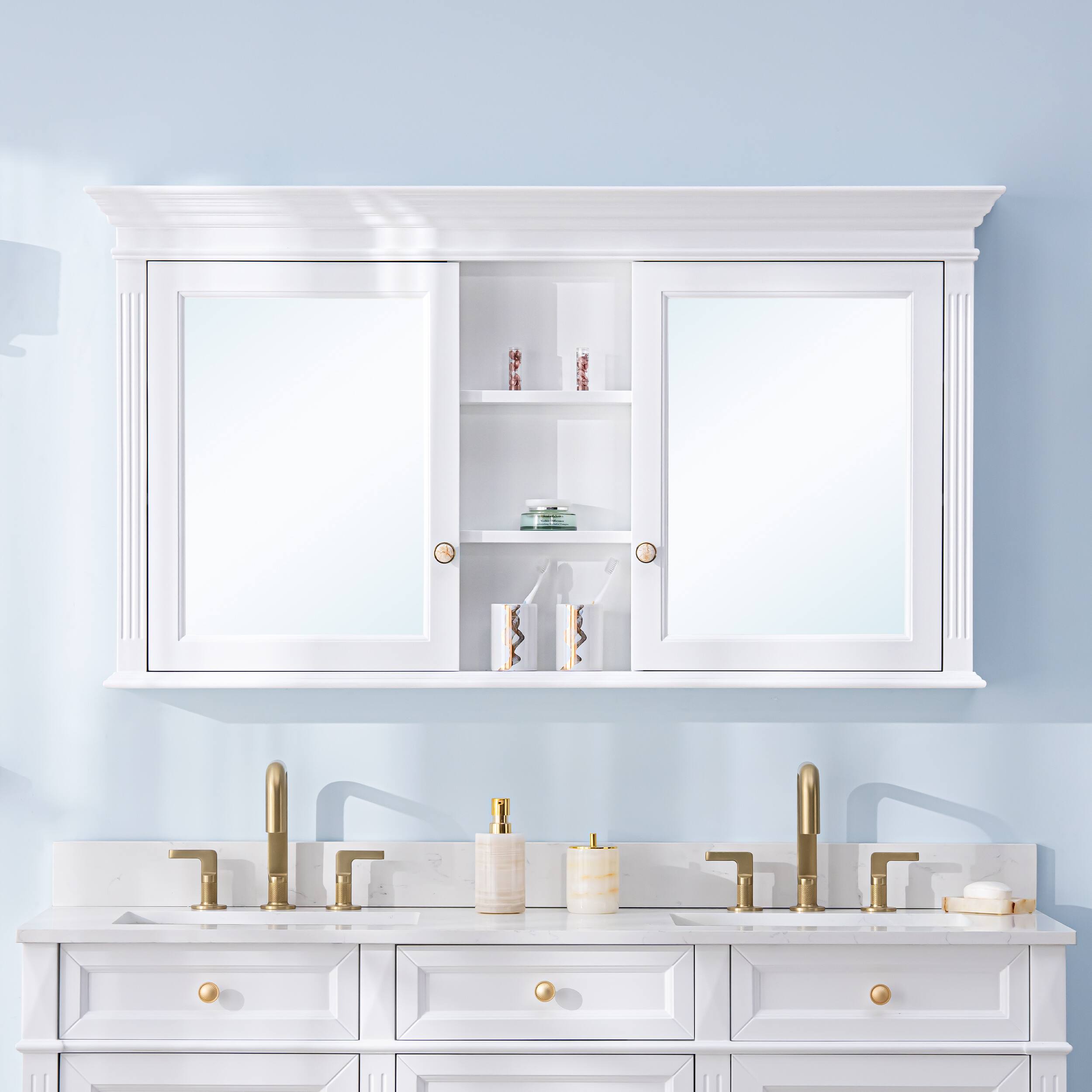 Front. WELLFOR - 55 in. W x 30 in. H Rectangular Wood Surface Mount Medicine Cabinet with Mirror and Shelves, 2 Soft Close Doors - White.