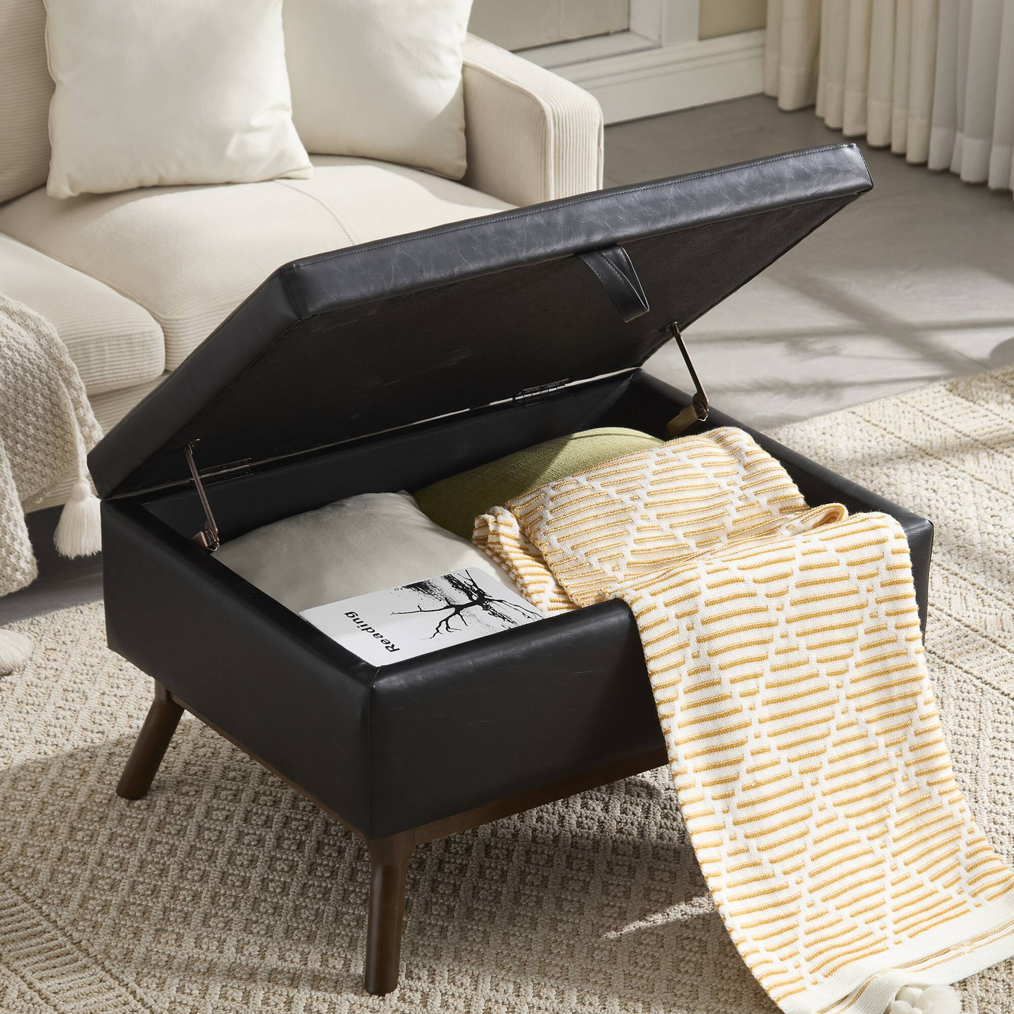Alt View 2. GOODSILO - Mid-Century Modern Square Storage Ottoman Bench with Lift-Top Lid and Child Safety Hinge - Black PU.
