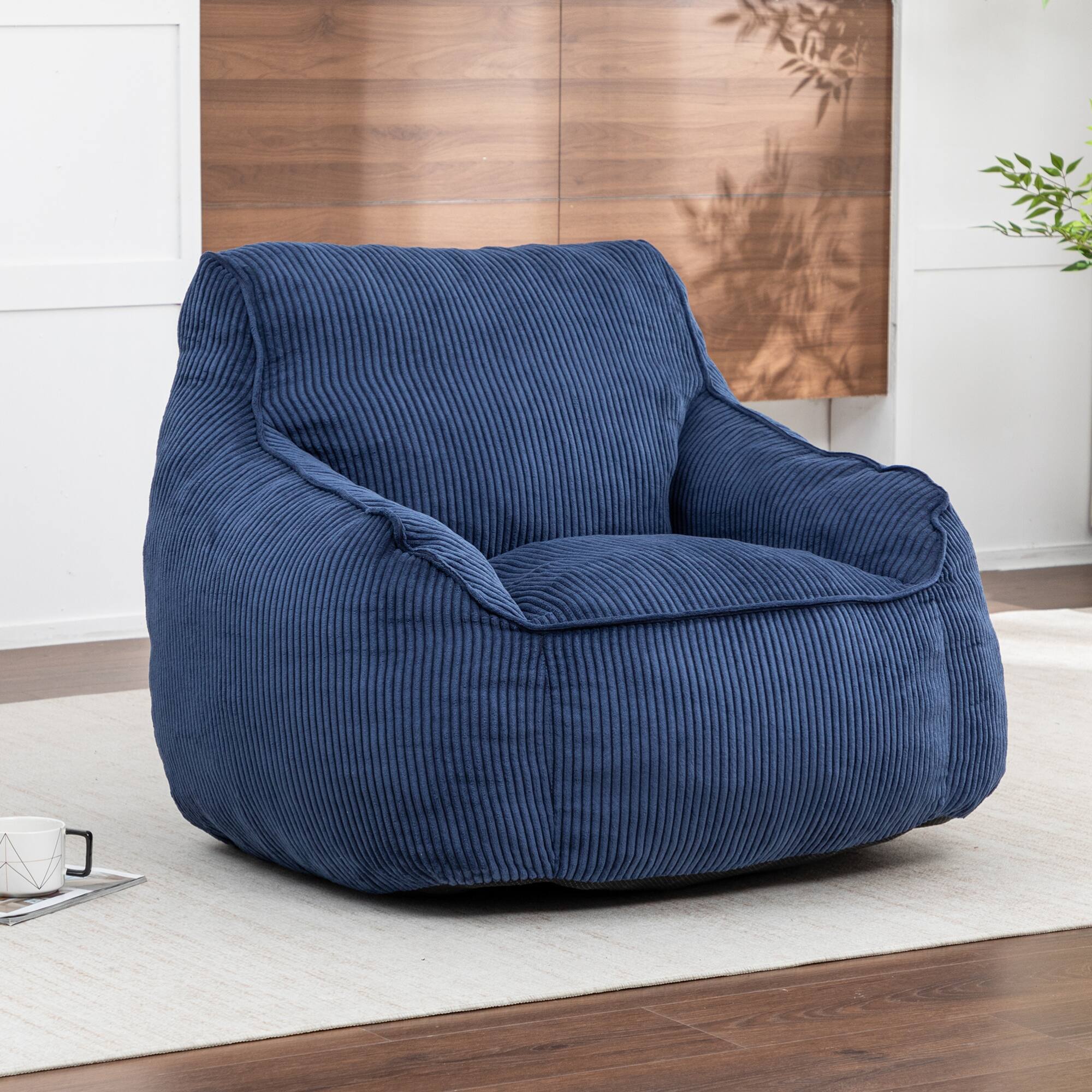 Angle. GOODSILO - Large Corduroy Bean Bag Sofa Chair with Armrests and Included Filler for Living Room and Bedroom - Dark Blue.