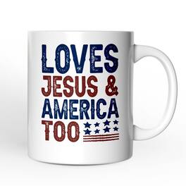 OrnamentallyYou - Loves Jesus and America Too Mug, Patriotic Gift for Proud Americans - White