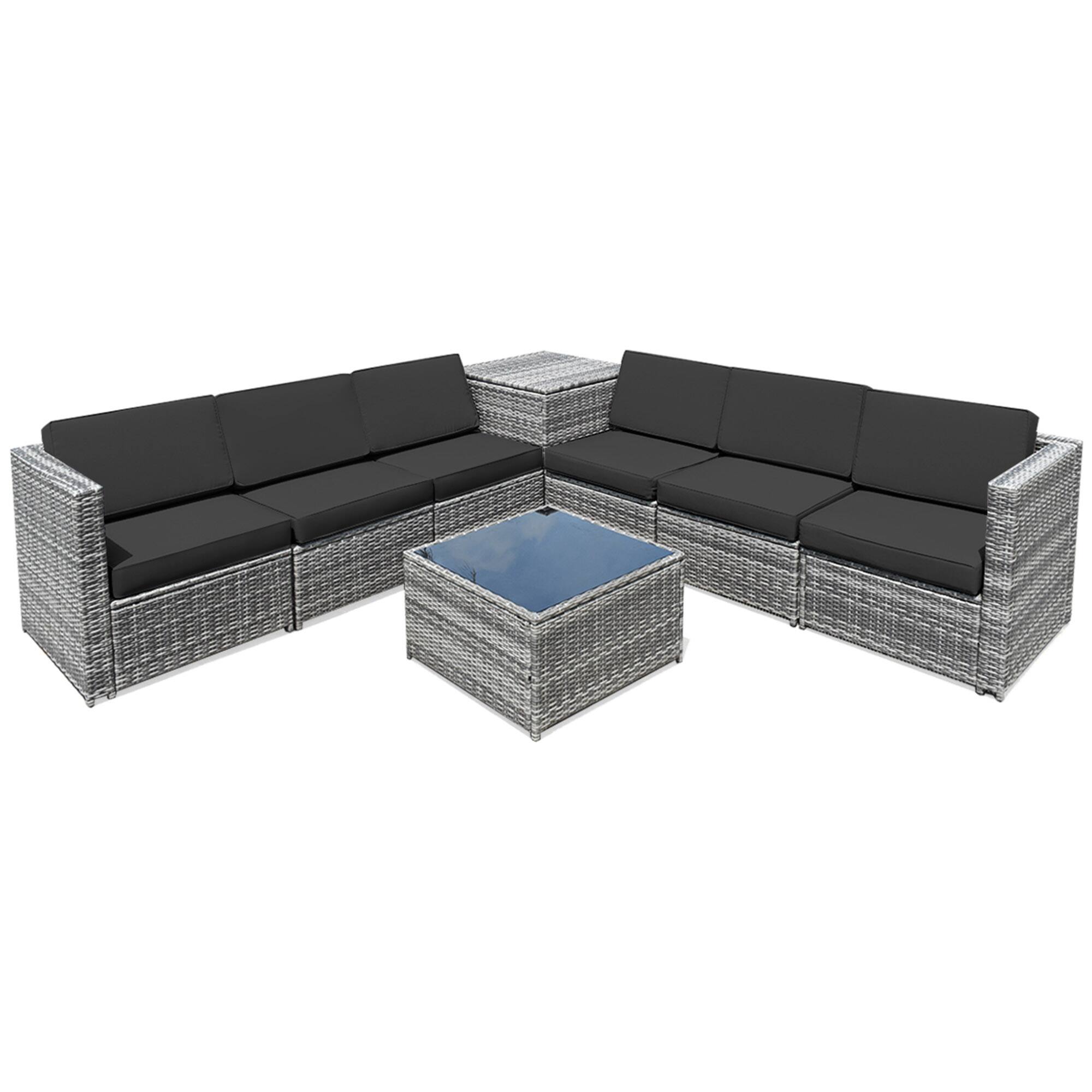 Alt View 4. Gymax - Gymax 8PCS Patio Rattan Sofa Sectional Conversation Furniture Set w/ Black Cushion - Black.