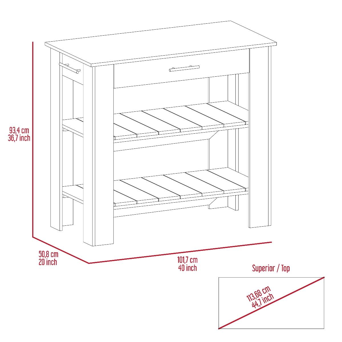 93.4 cm 36.7 inch  
50.8 cm 20 inch  
101.7 cm 40 inch  
Superior / Top  
113.68 cm 44.7 inch