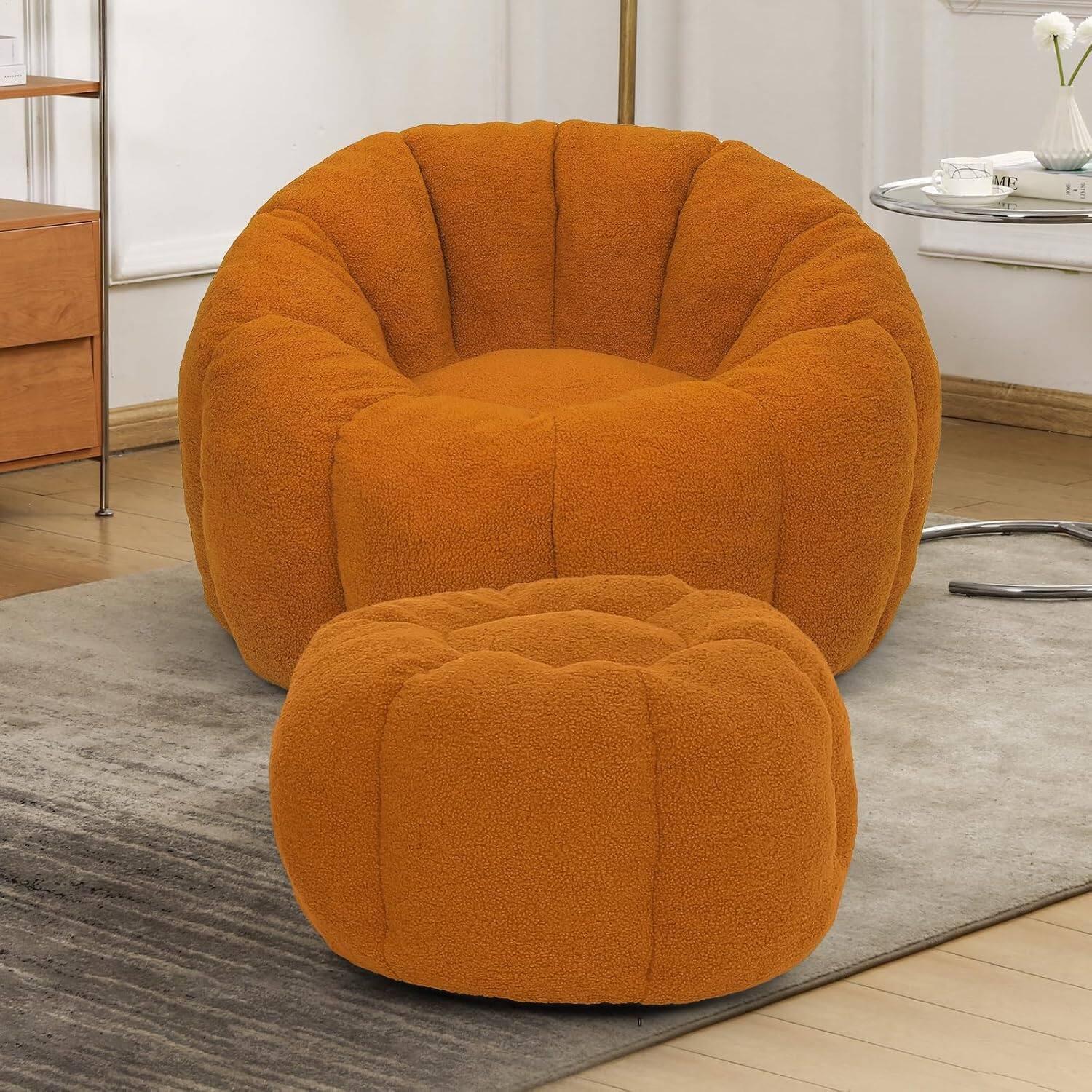 Alt View 2. Trinkets Crazed - Tufted Teddy Plush Bean Bag Chair & Footrest Ottoman, Oversized Comfy Lounge Sofa - orange.