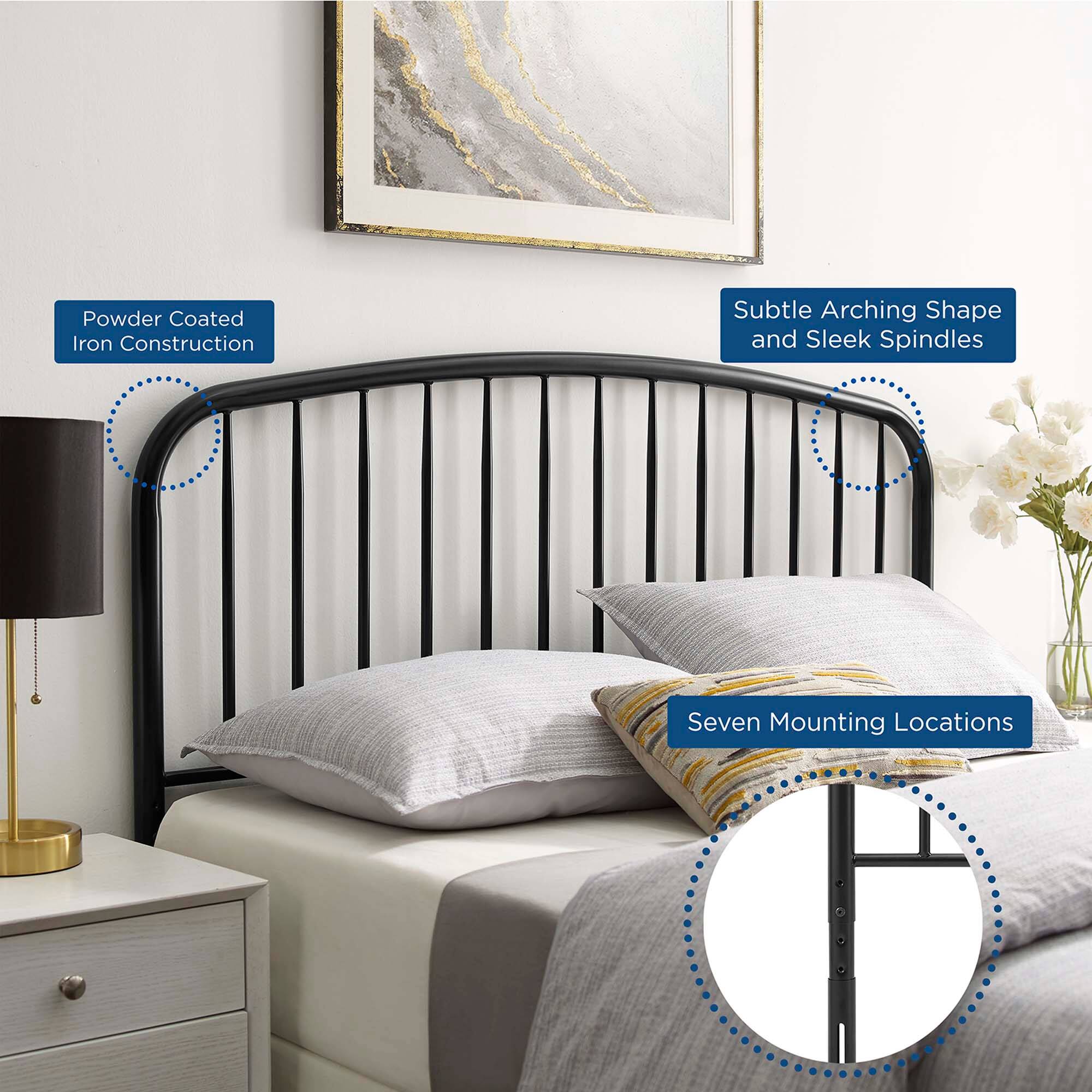 Powder Coated Iron Construction  
Subtle Arching Shape and Sleek Spindles  
Seven Mounting Locations