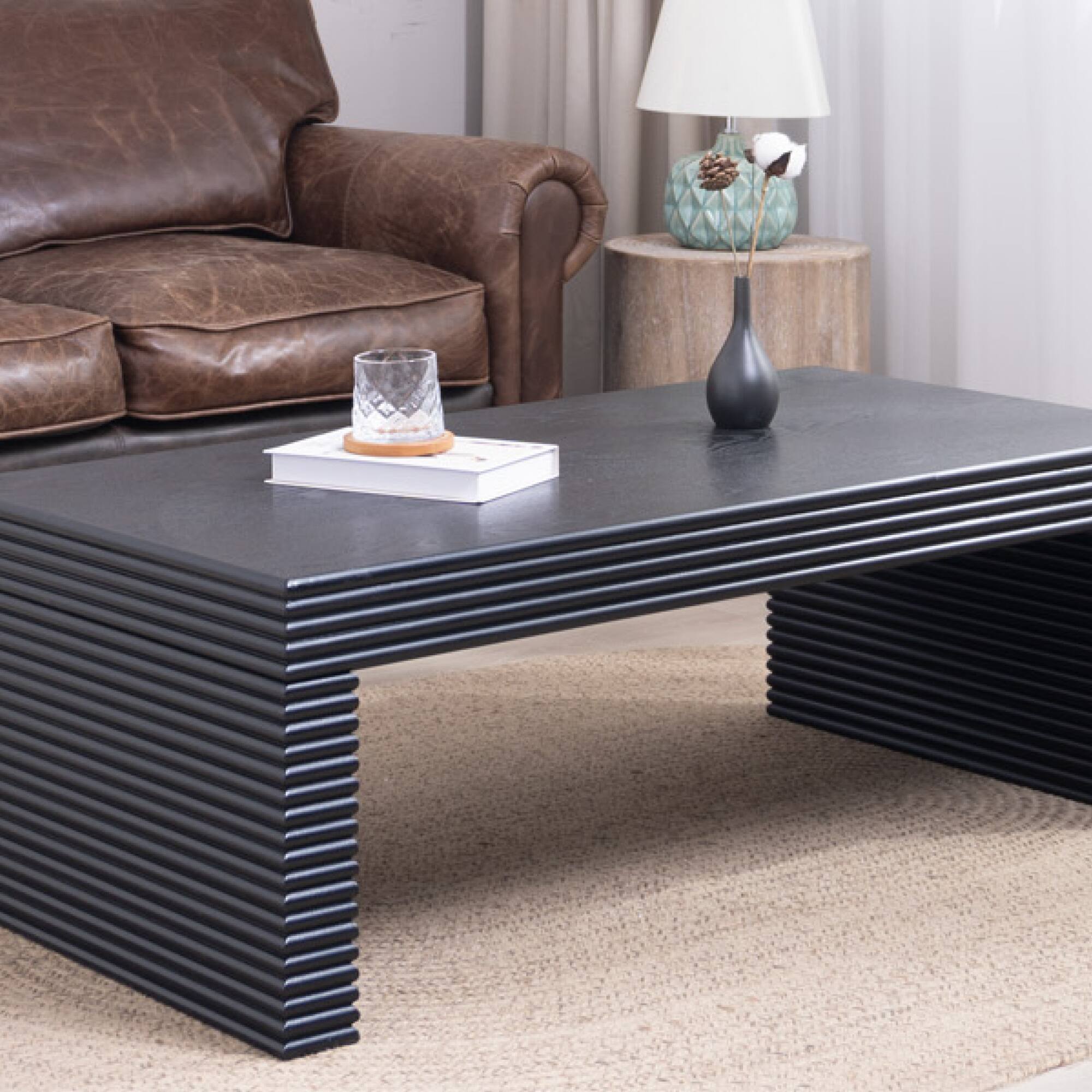 Alt View 6. GOODSILO - Modern Rectangular Coffee Table with Ribbed Texture for Contemporary Living Room Decor - Black.