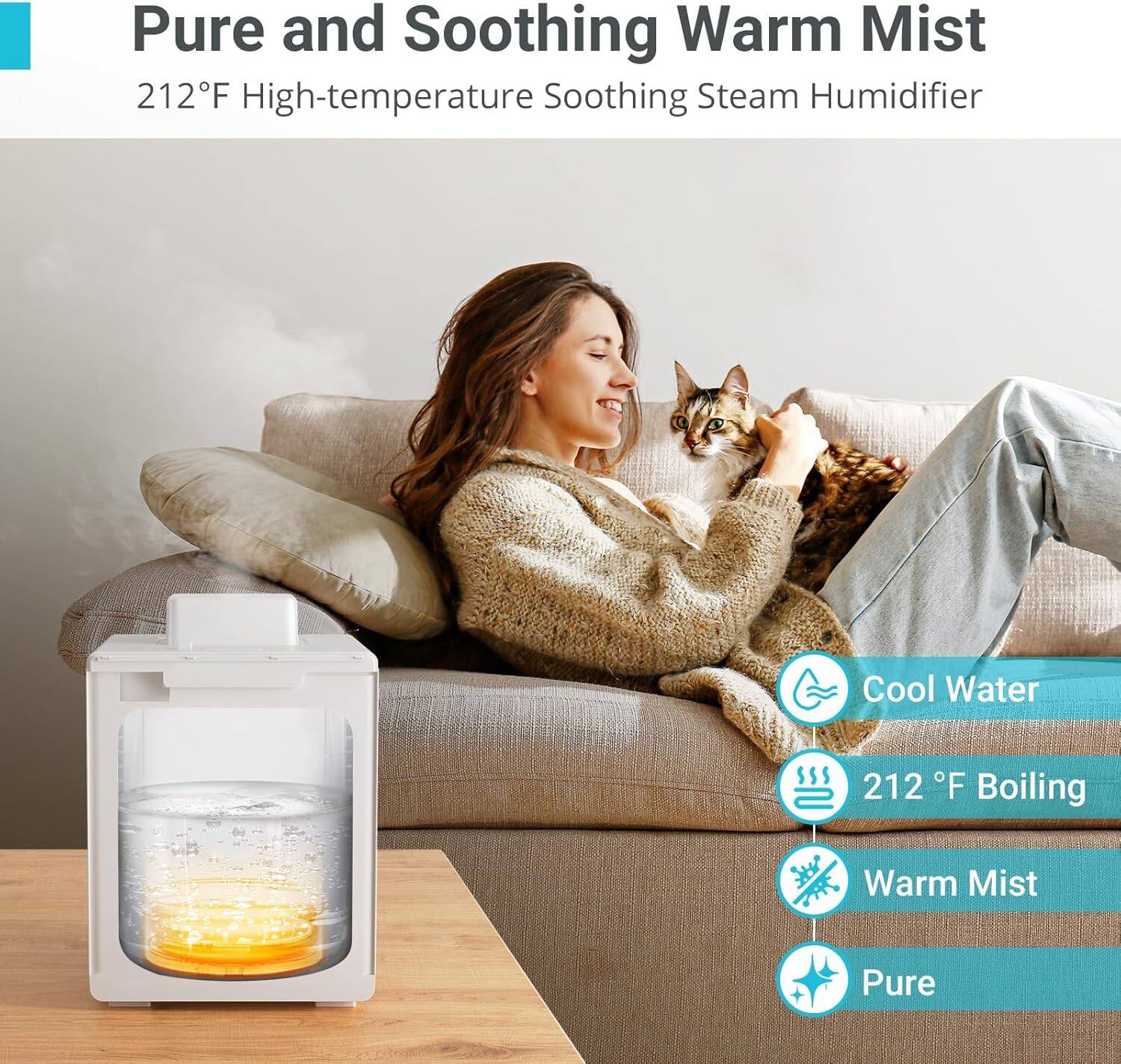 Pure and Soothing Warm Mist, 212°F High-temperature Soothing Steam Humidifier, Cool Water, 212°F Boiling, Warm Mist, Pure.