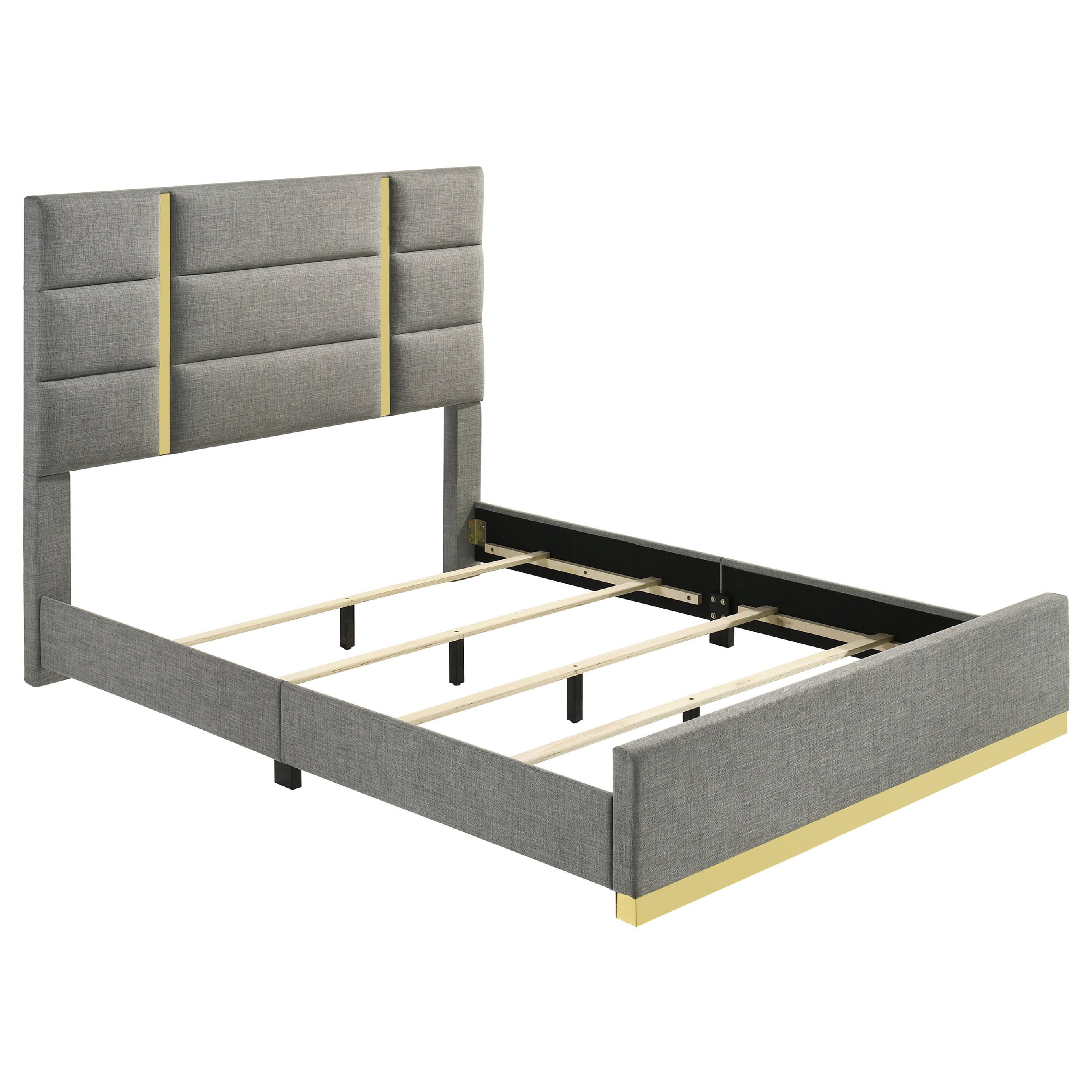 Alt View 1. Manhattan Lane - Orion Queen Panel Bed with Gold Trim, Wood Frame, Gray Chaneled Fabric - Gray, Gold.
