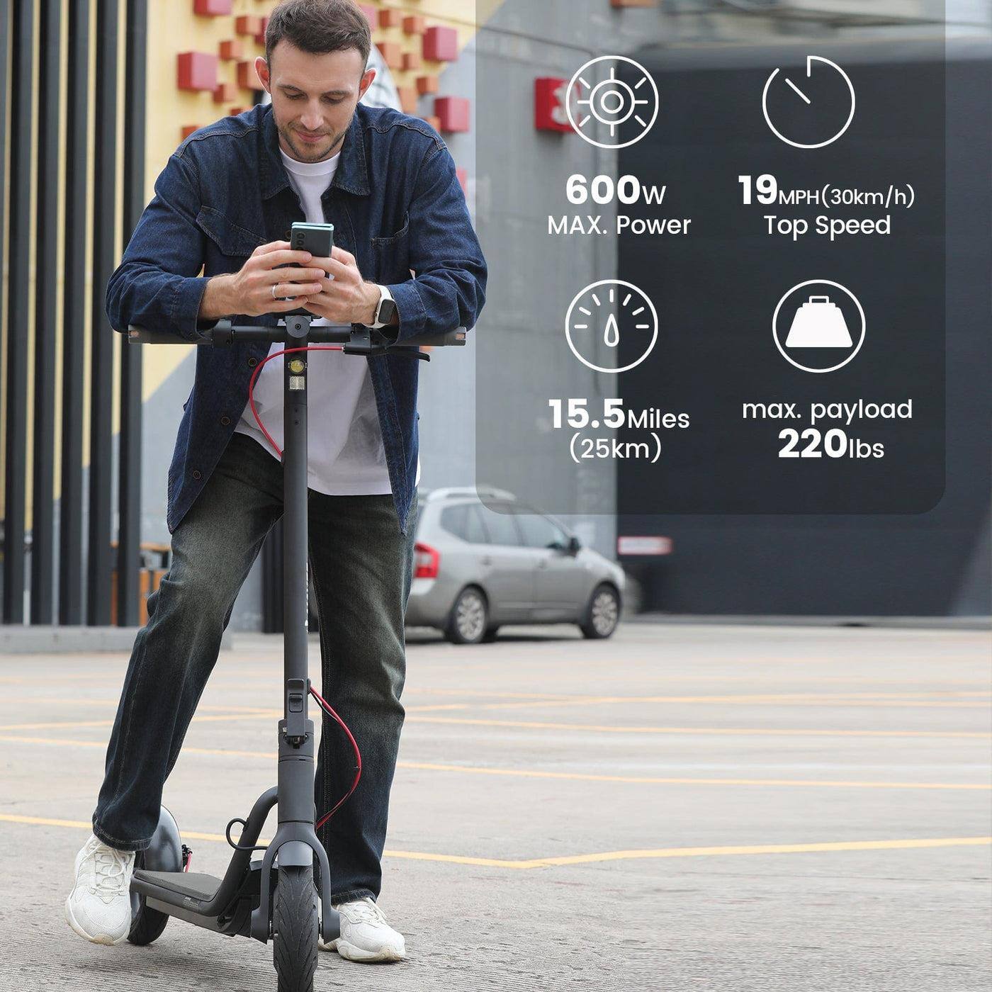 600W MAX. Power  
19MPH (30km/h) Top Speed  
15.5 Miles (25km)  
max. payload 220lbs