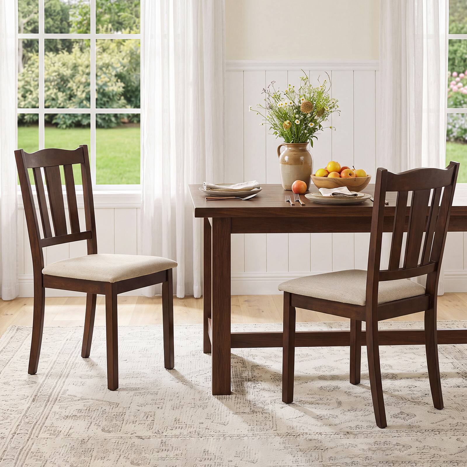 Alt View 3. Costway - Costway Wooden Dining Chair Set of 2 with Hollow Back & Soft-padded Cushion for Kitchen - Walnut + Beige.