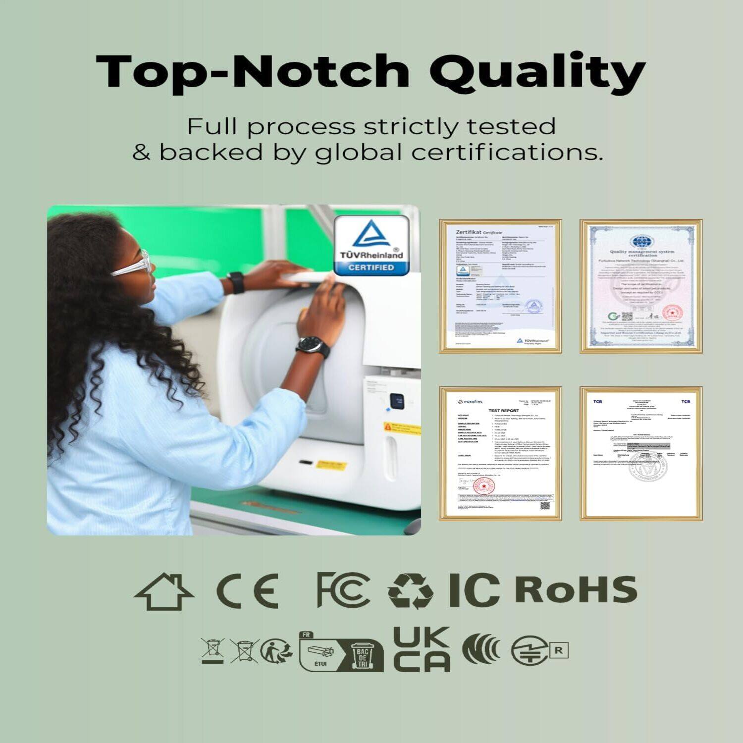Top-Notch Quality  
Full process strictly tested & backed by global certifications.  

TÜV Rheinland CERTIFIED  

CE FC IC RoHS  
UK CA  

FR ETU  
THE TRUTH