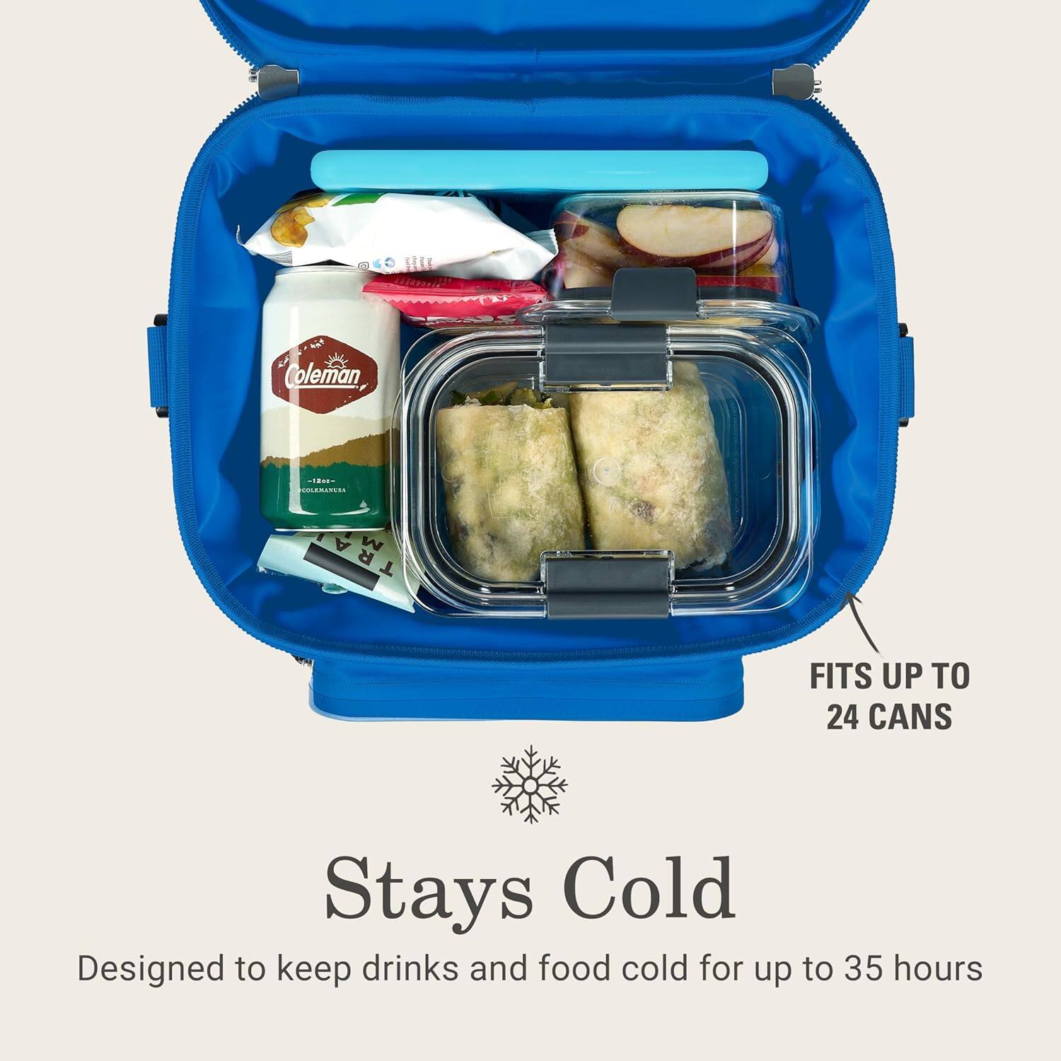 SEEE KA Coleman ...- NCN TRA A M R T FITS UP TO 24 CANS Stays Cold Designed to keep drinks and food cold for up to 35 hours