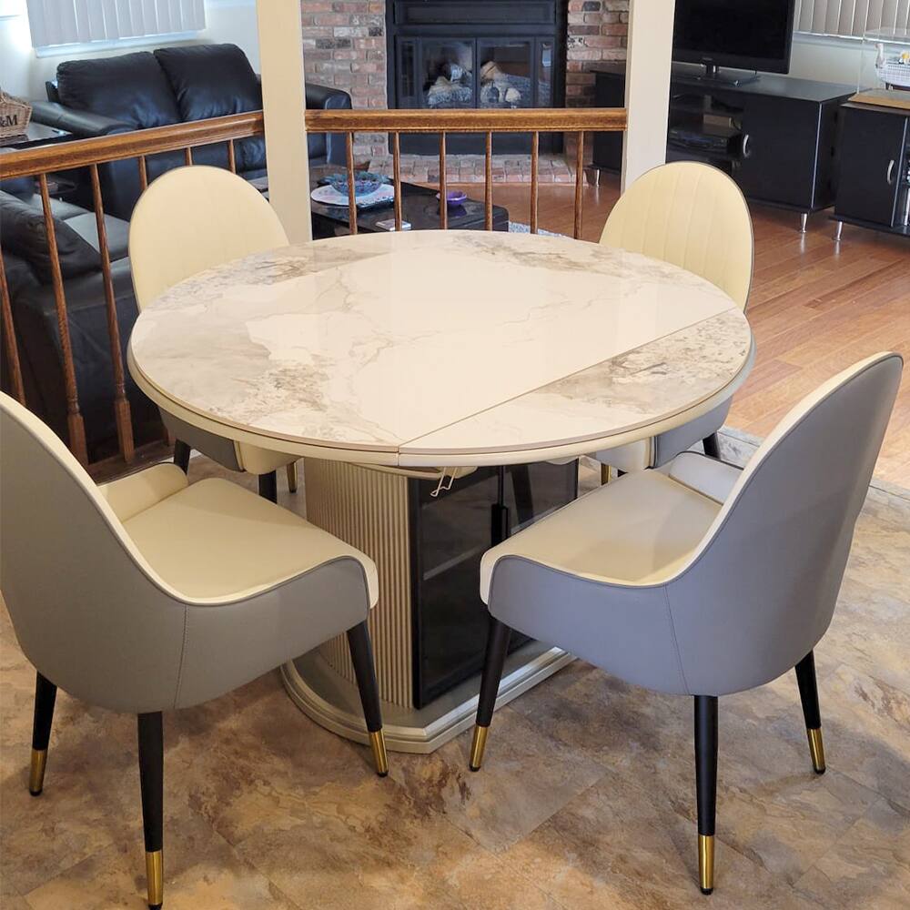 Angle. POVISON - Modern Upholstered Dining Chairs Set of 2, Leather Dining Chairs with Arms, Breakfast Table Chairs, Gray & Beige - Gray & Beige PU Leather.
