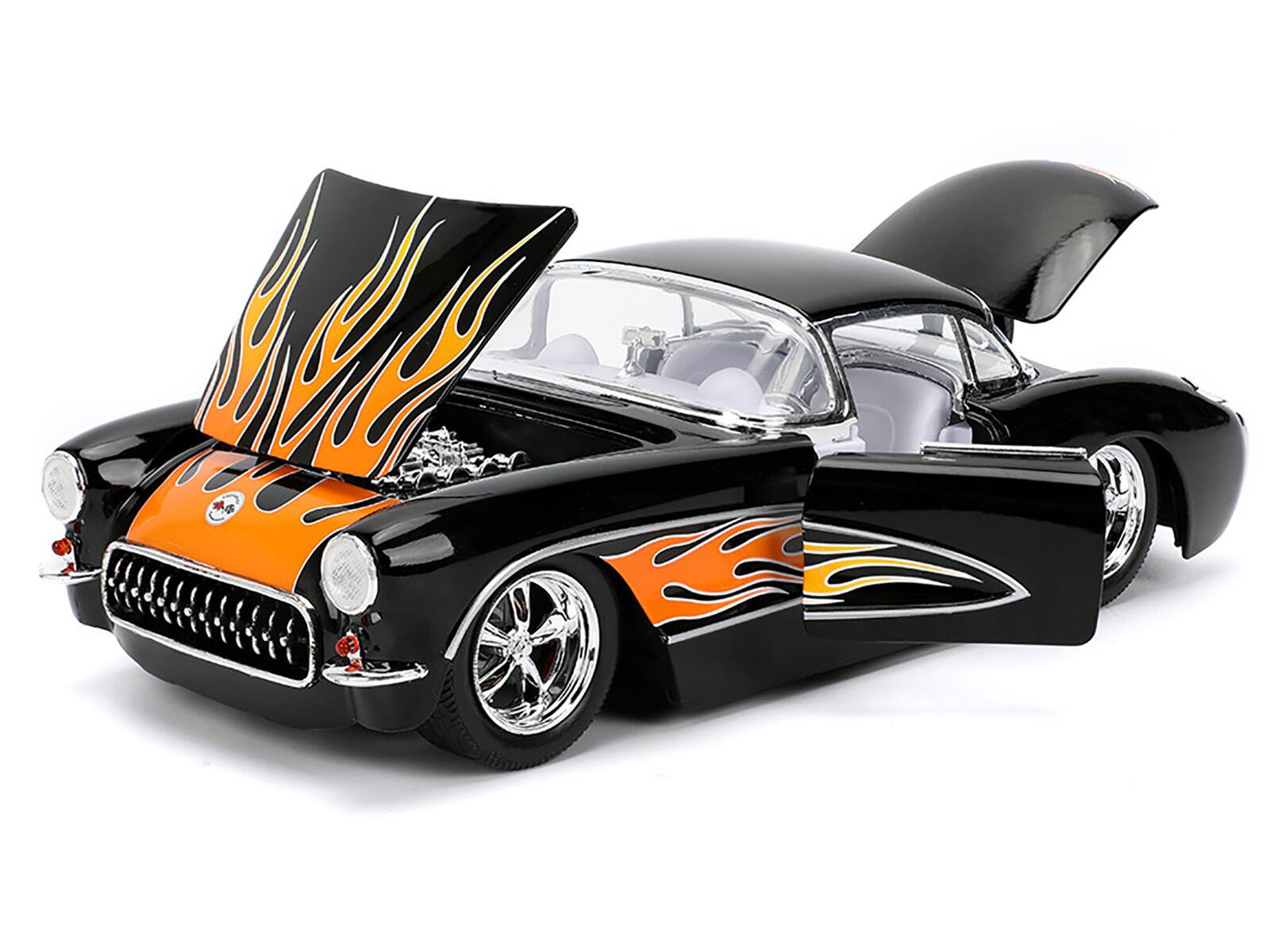 Alt View 1. Jada - 1957 Chevrolet Corvette Black with Flame Graphics and White Interior "Bigtime Muscle" Series 1/24 Model Car by Jada.