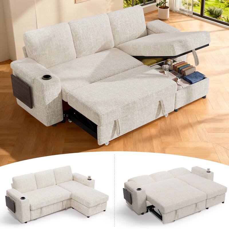 Left. Vipbear - 85" Modular Sectional Sofa with Pull Out Bed,Chenille Fabric 3 Seat Sectional Sleeper Sofa with Storage,for Living Room - Beige.