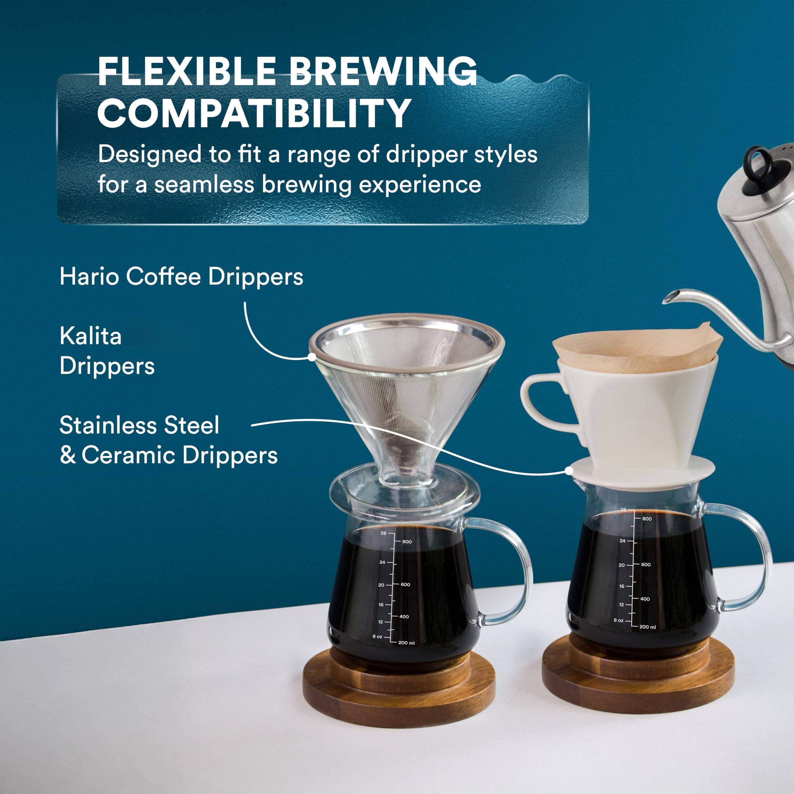 FLEXIBLE BREWING COMPATIBILITY  
Designed to fit a range of dripper styles for a seamless brewing experience  

Hario Coffee Drippers  
Kalita Drippers  
Stainless Steel & Ceramic Drippers