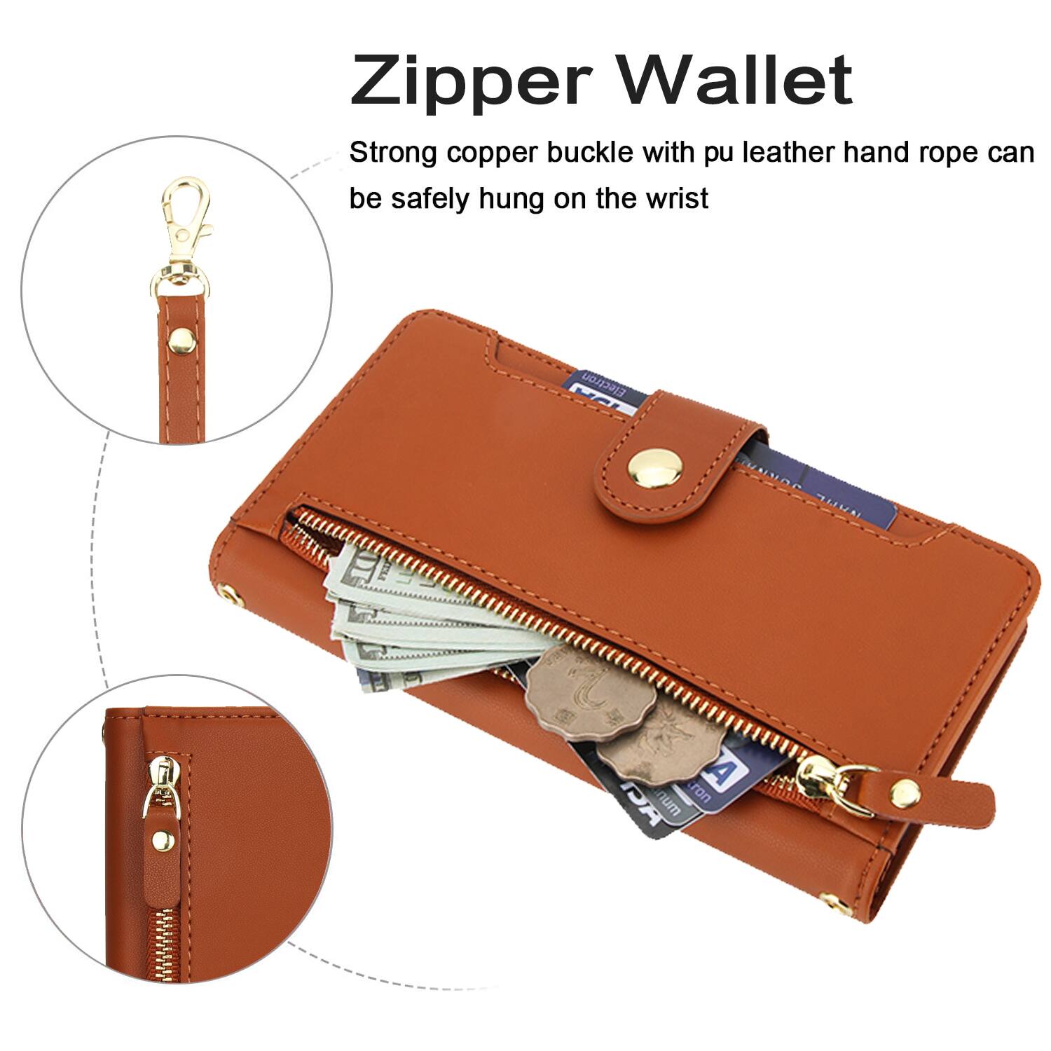 Zipper Wallet

Strong copper buckle with pu leather hand rope can be safely hung on the wrist
