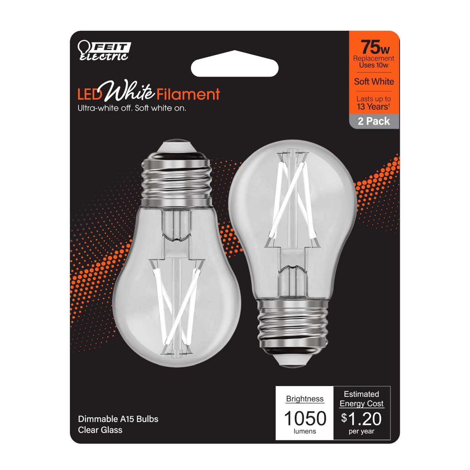 FEIT ELECTRIC - Feit White A15 E26 (Medium) Filament LED Bulb Soft White 75 Watt Equivalence 2 pk price history on PriceWatchPro